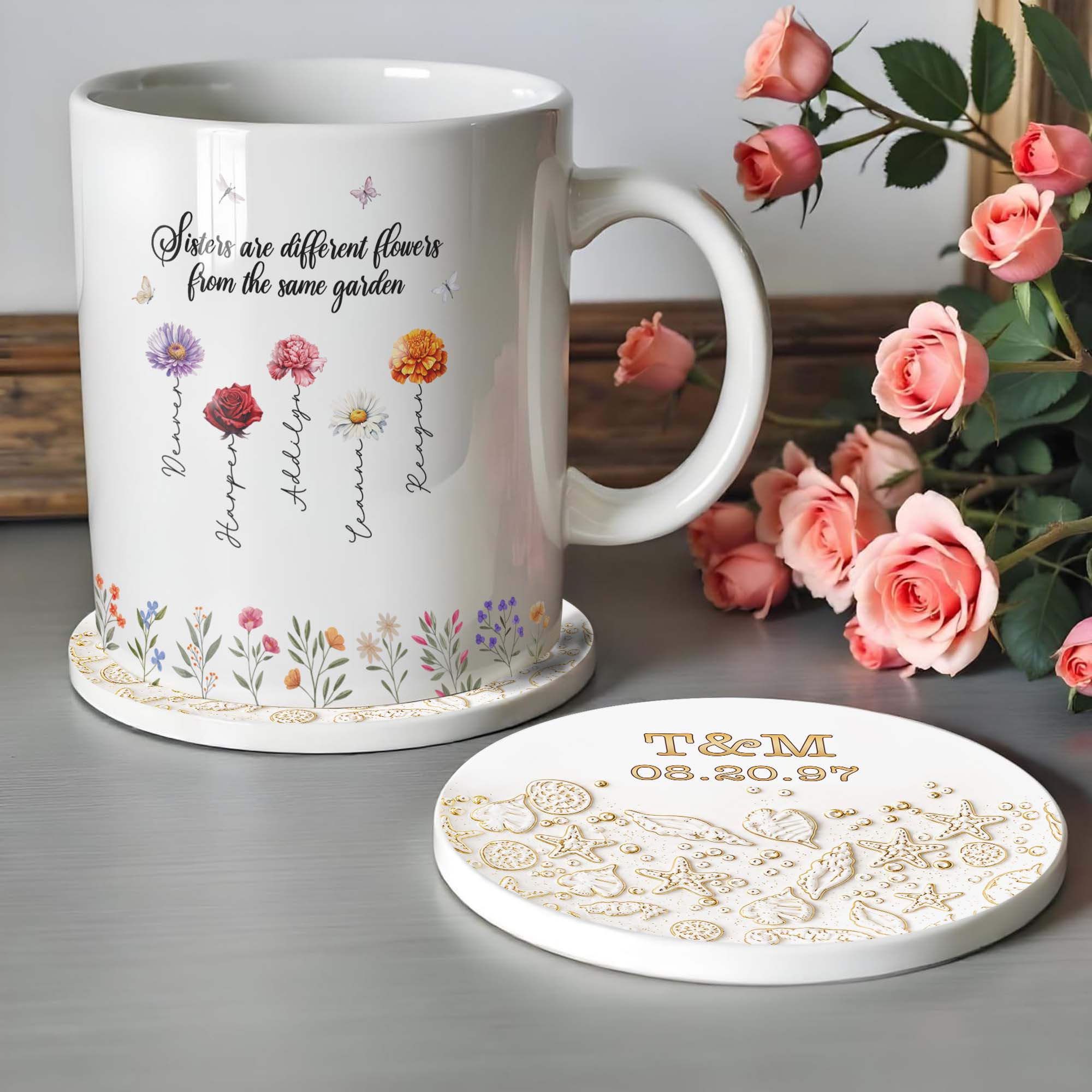Personalized Beach Design Ceramic Coaster Custom Date Gift for Couples Ceramic Coaster GradoCreations