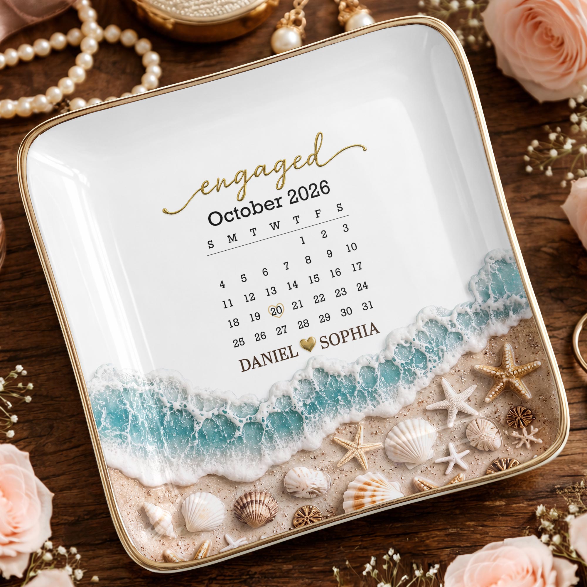 Personalized Engaged Calendar Jewelry Dish Ceramic Gift Jewelry Dish GradoCreations