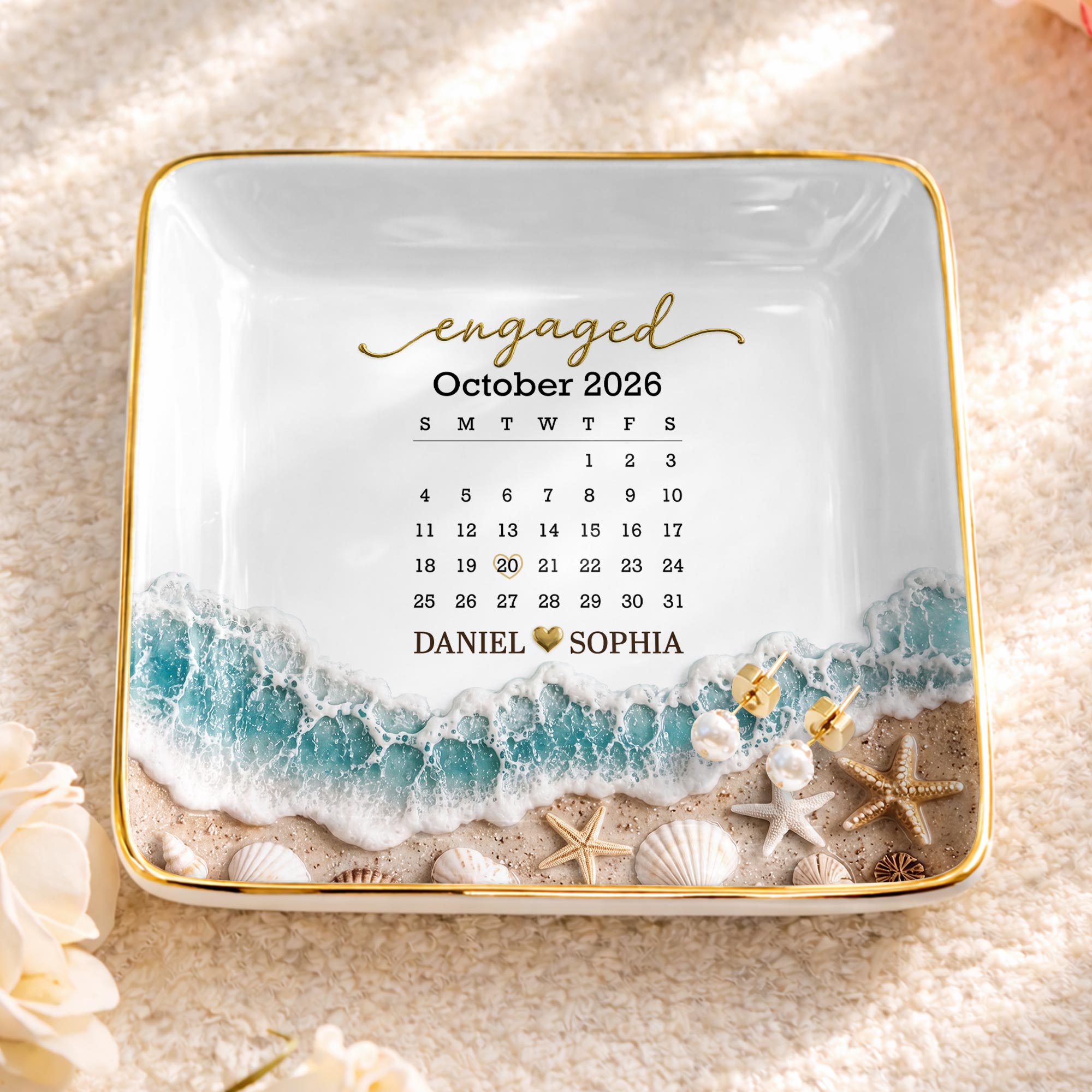Personalized Engaged Calendar Jewelry Dish Ceramic Gift Jewelry Dish GradoCreations