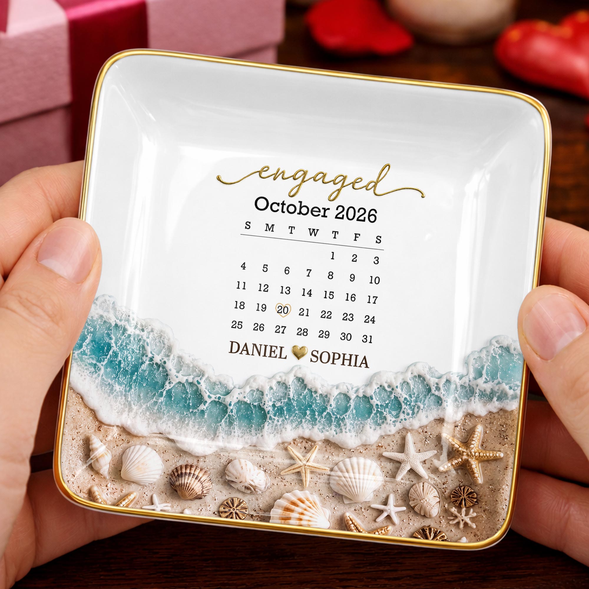 Personalized Engaged Calendar Jewelry Dish Ceramic Gift Jewelry Dish GradoCreations