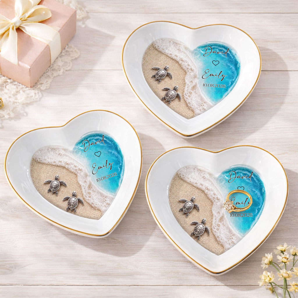 Personalized Heart-Shaped Jewelry Dish Custom Name Ocean Design Gift for Couples Heart Jewelry Dish GradoCreations