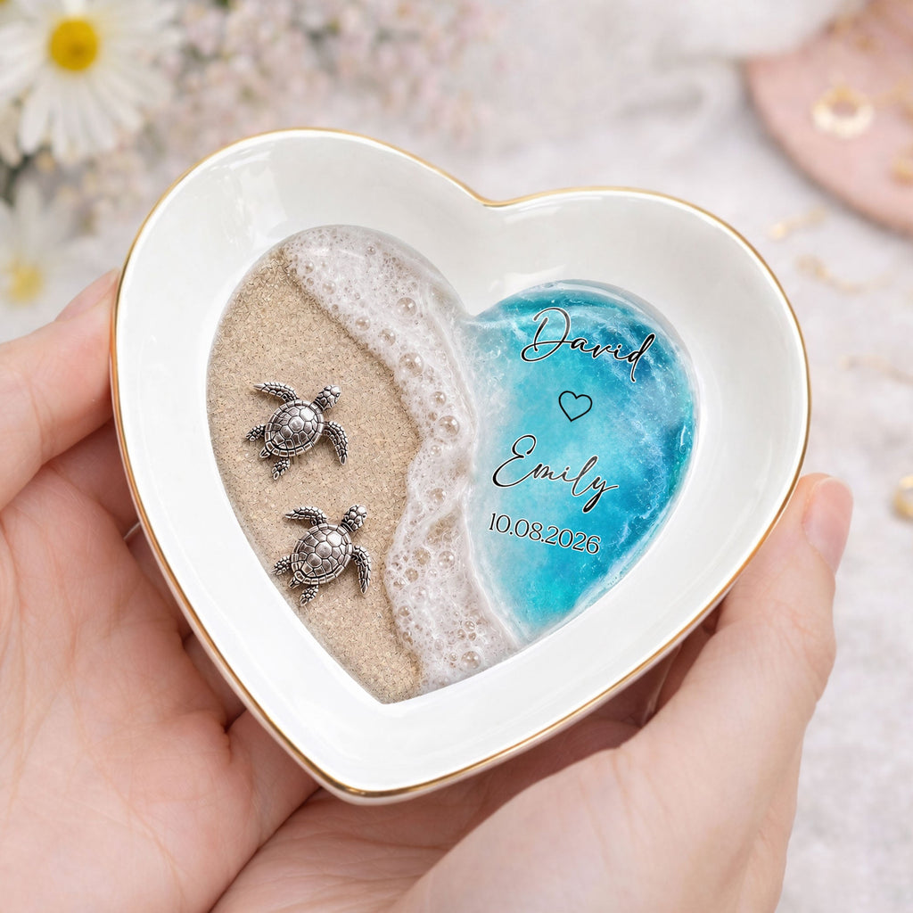 Personalized Heart-Shaped Jewelry Dish Custom Name Ocean Design Gift for Couples Heart Jewelry Dish GradoCreations