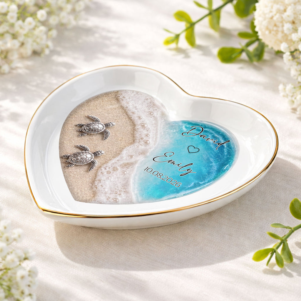 Personalized Heart-Shaped Jewelry Dish Custom Name Ocean Design Gift for Couples Heart Jewelry Dish GradoCreations