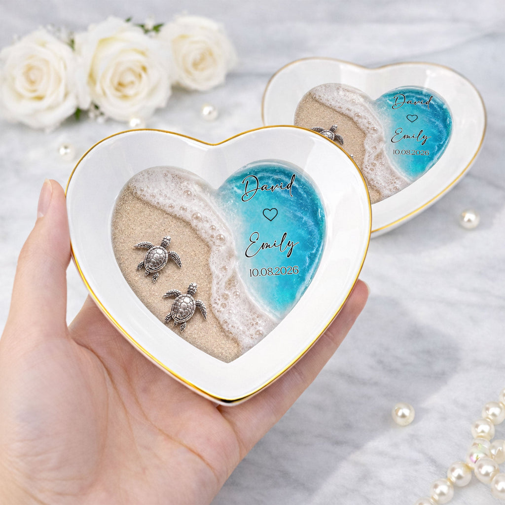 Personalized Heart-Shaped Jewelry Dish Custom Name Ocean Design Gift for Couples Heart Jewelry Dish GradoCreations