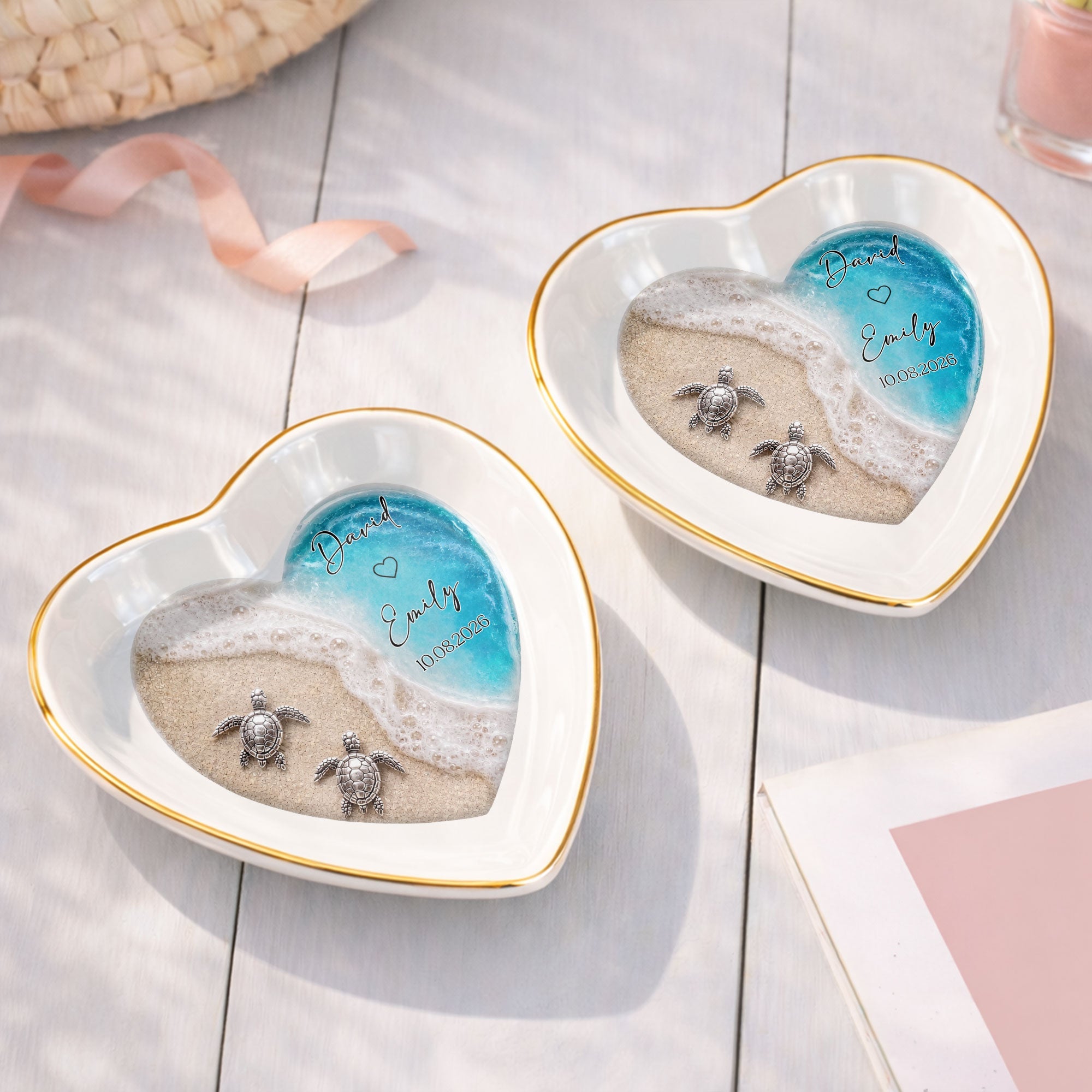 Personalized Heart-Shaped Jewelry Dish Custom Name Ocean Design Gift for Couples Heart Jewelry Dish GradoCreations