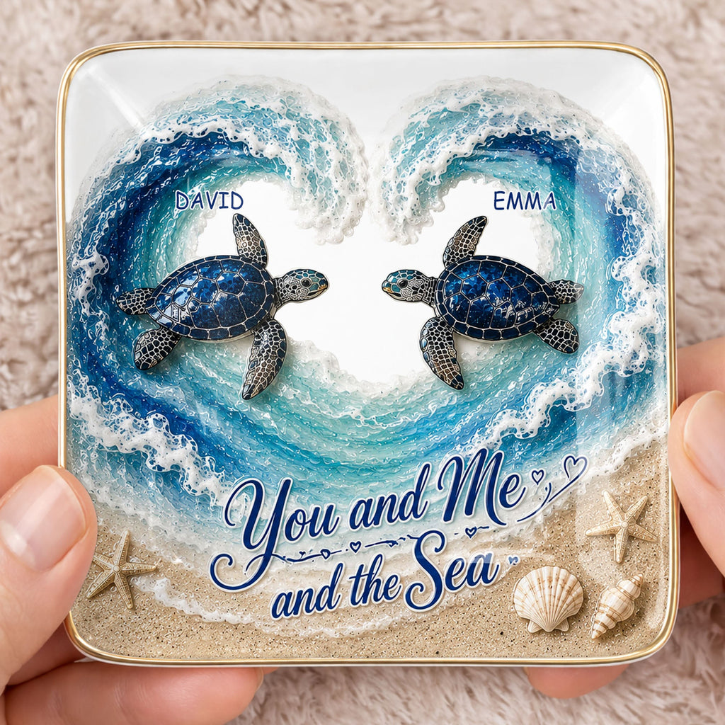Personalized Ceramic Jewelry Dish Custom Turtles Heart Ocean Gift for Couples