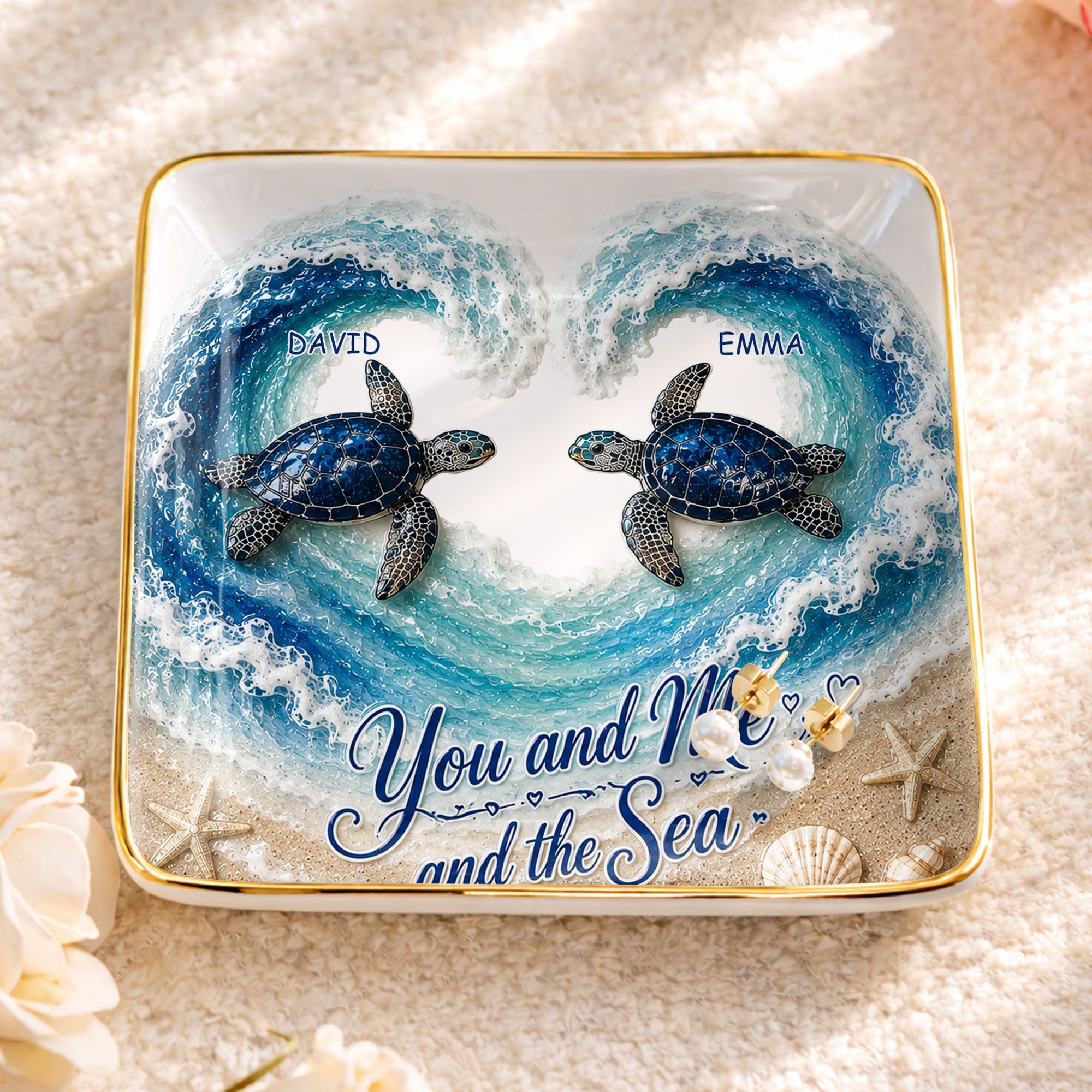 Personalized Ceramic Jewelry Dish Custom Turtles Heart Ocean Gift for Couples