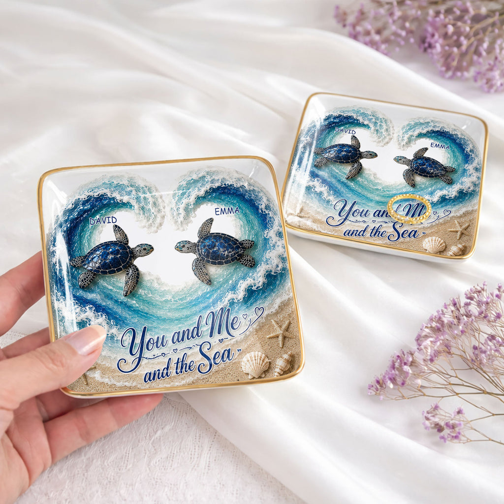Personalized Ceramic Jewelry Dish Custom Turtles Heart Ocean Gift for Couples