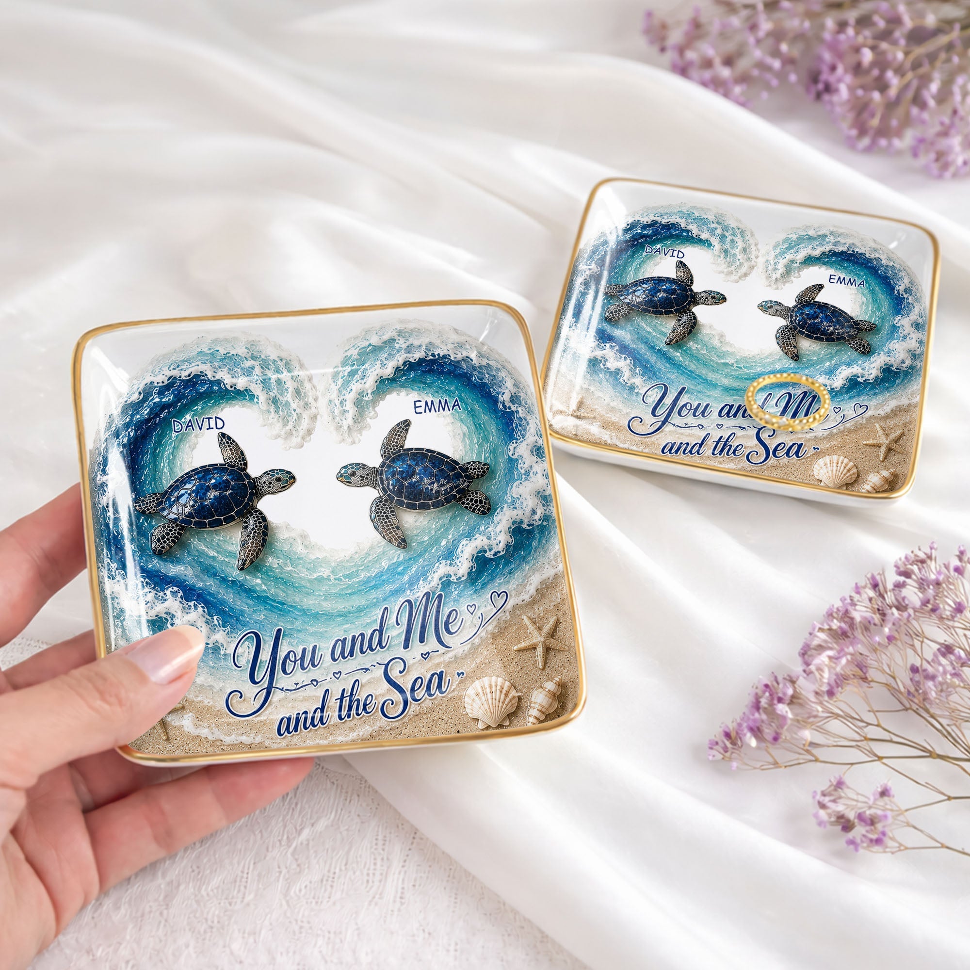Personalized Ceramic Jewelry Dish Custom Turtles Heart Ocean Gift for Couples