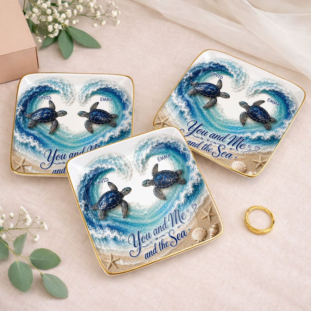 Personalized Ceramic Jewelry Dish Custom Turtles Heart Ocean Gift for Couples