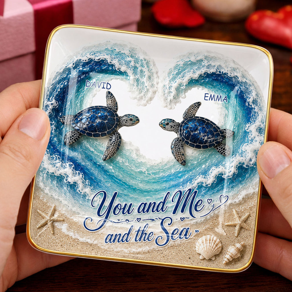 Personalized Ceramic Jewelry Dish Custom Turtles Heart Ocean Gift for Couples