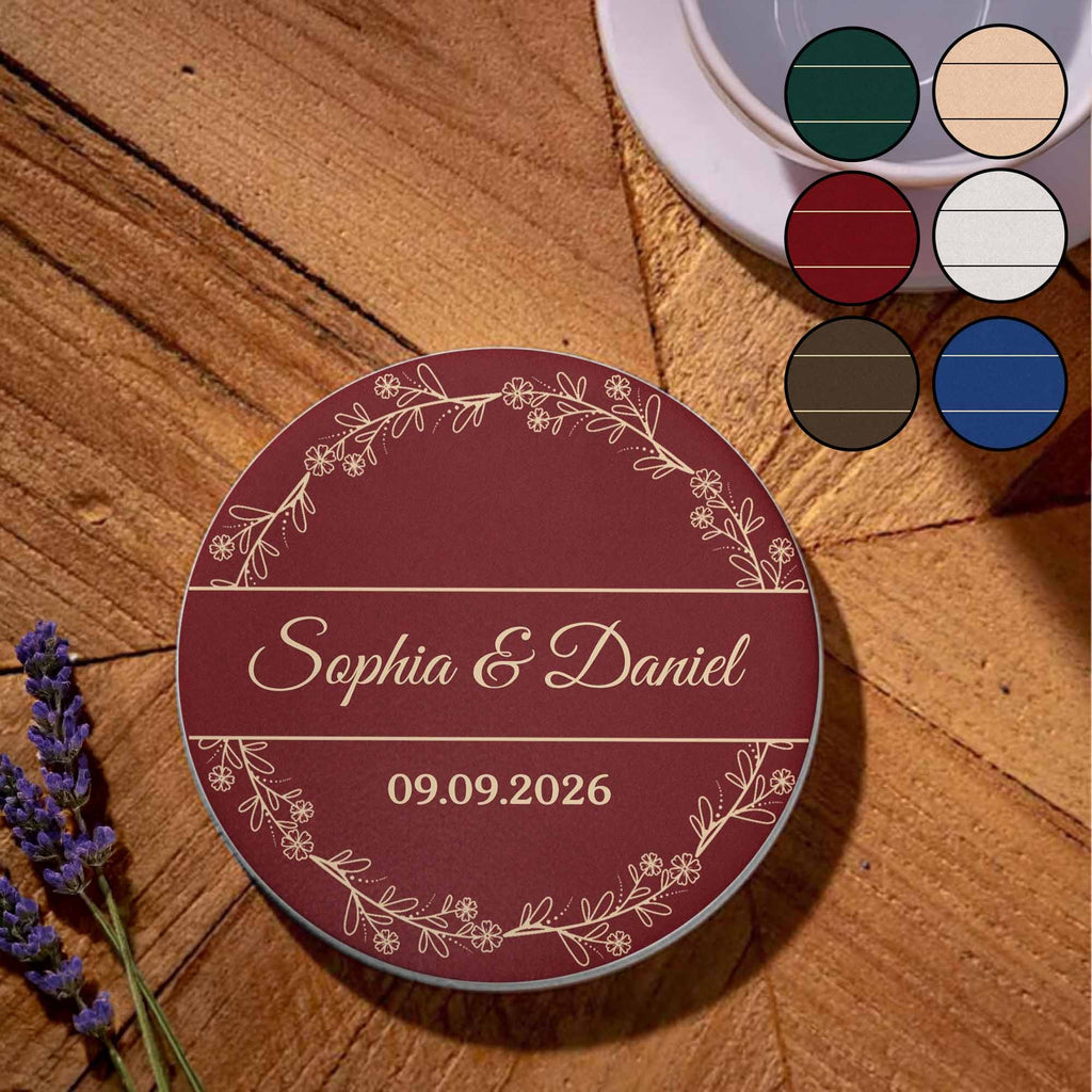 Personalized Floral Wreath Ceramic Coaster Custom Name & Date Gift Ceramic Coaster GradoCreations