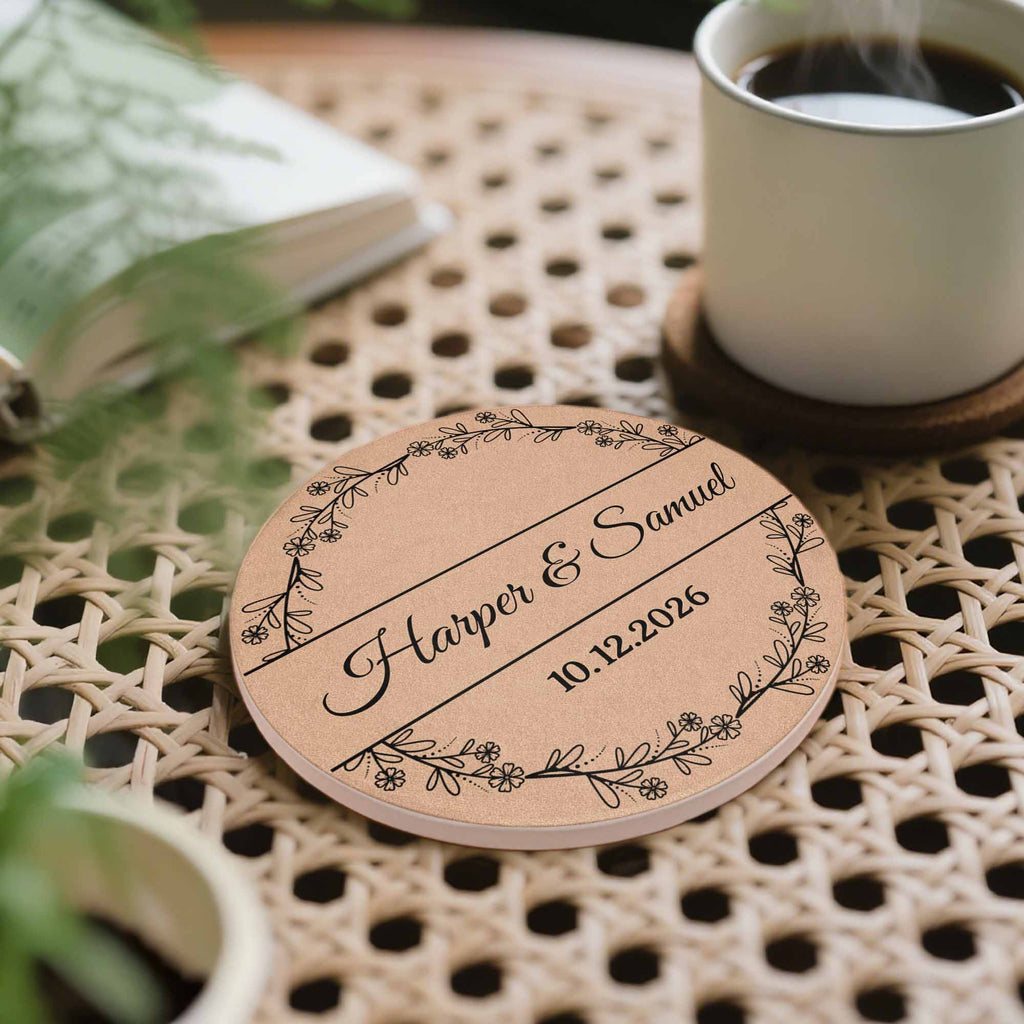 Personalized Floral Wreath Ceramic Coaster Custom Name & Date Gift Ceramic Coaster GradoCreations