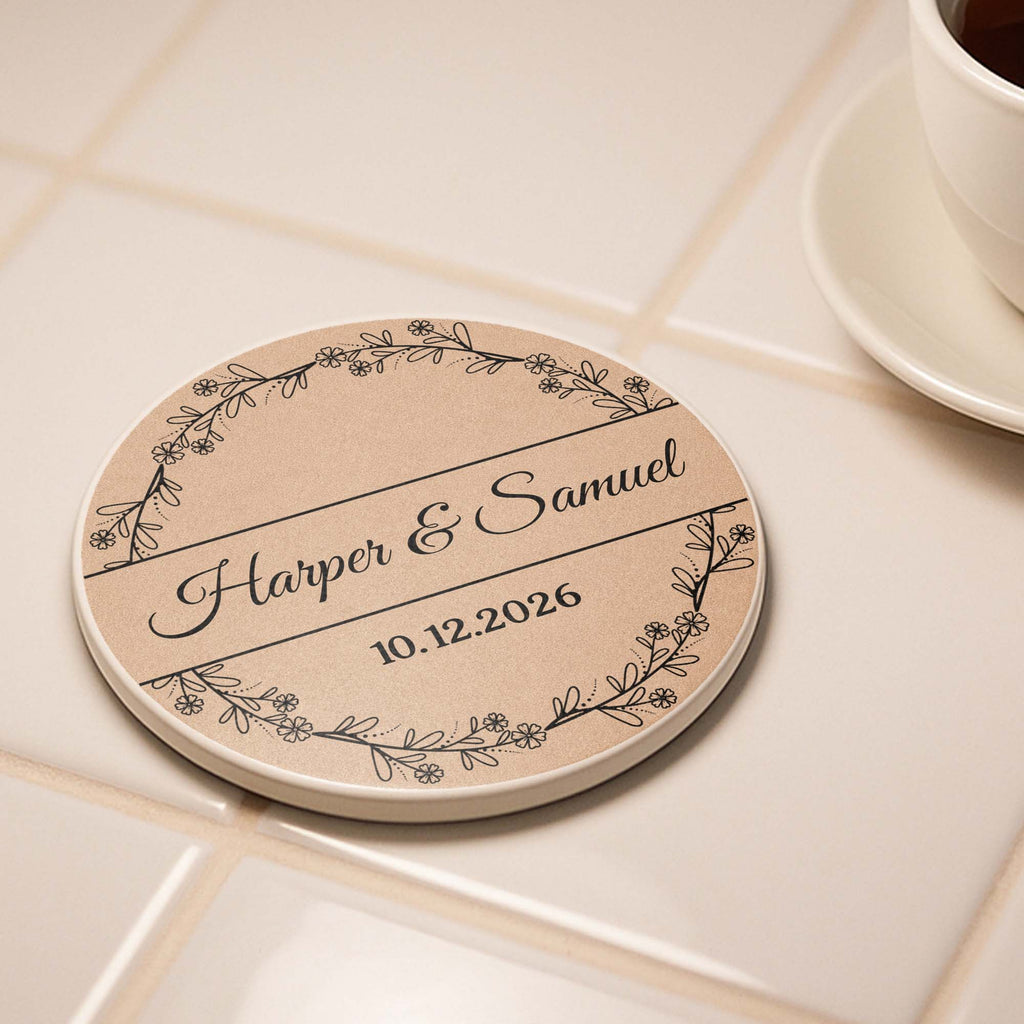 Personalized Floral Wreath Ceramic Coaster Custom Name & Date Gift Ceramic Coaster GradoCreations