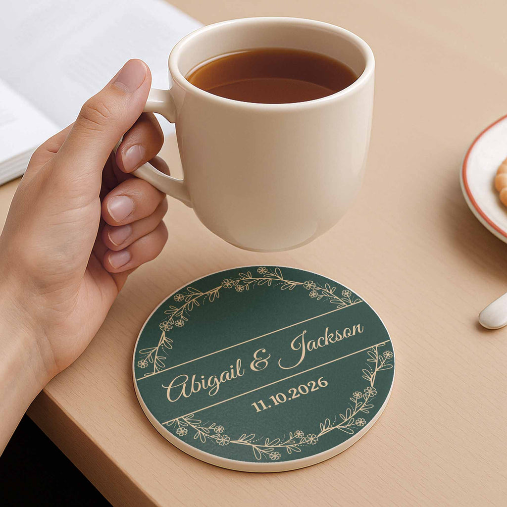 Personalized Floral Wreath Ceramic Coaster Custom Name & Date Gift Ceramic Coaster GradoCreations