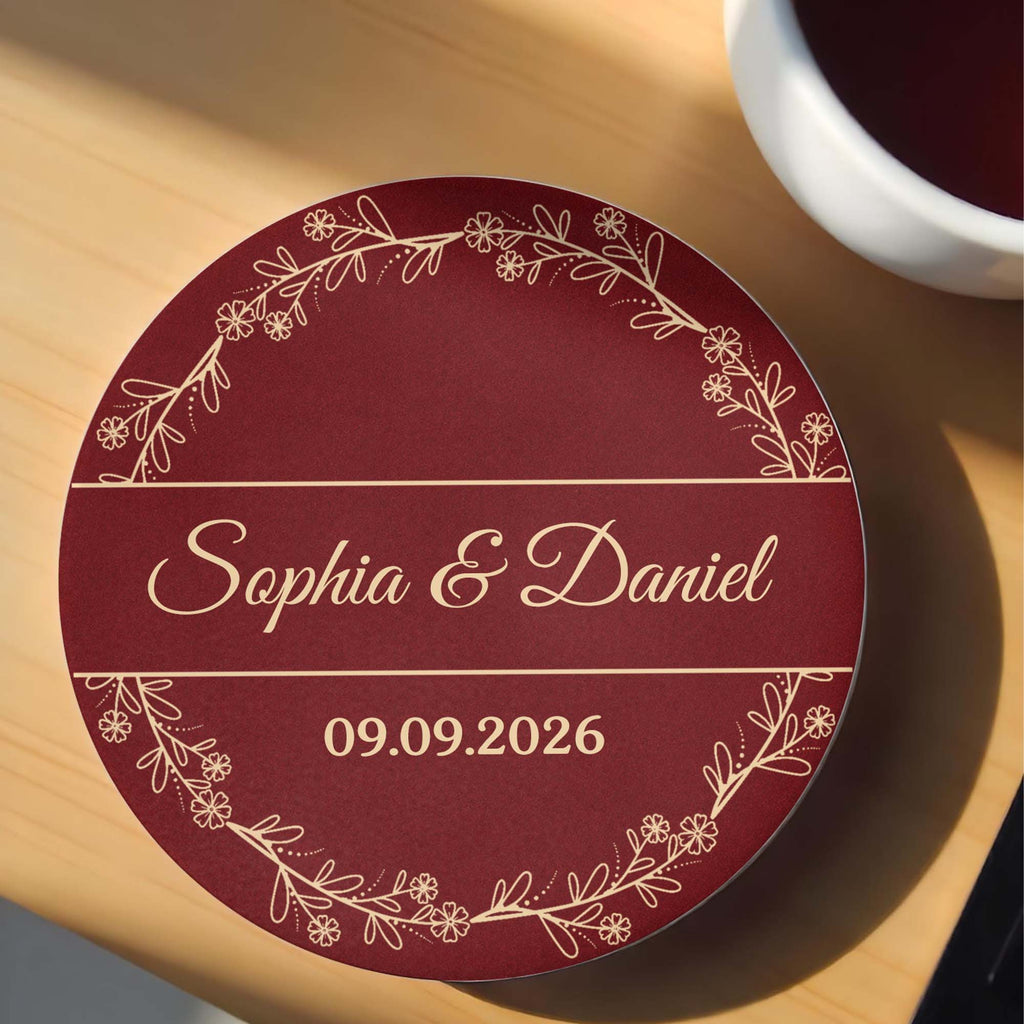 Personalized Floral Wreath Ceramic Coaster Custom Name & Date Gift Ceramic Coaster GradoCreations