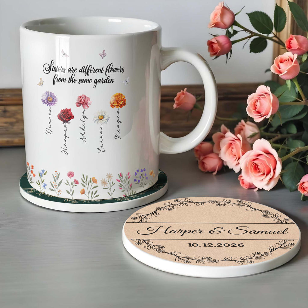 Personalized Floral Wreath Ceramic Coaster Custom Name & Date Gift Ceramic Coaster GradoCreations