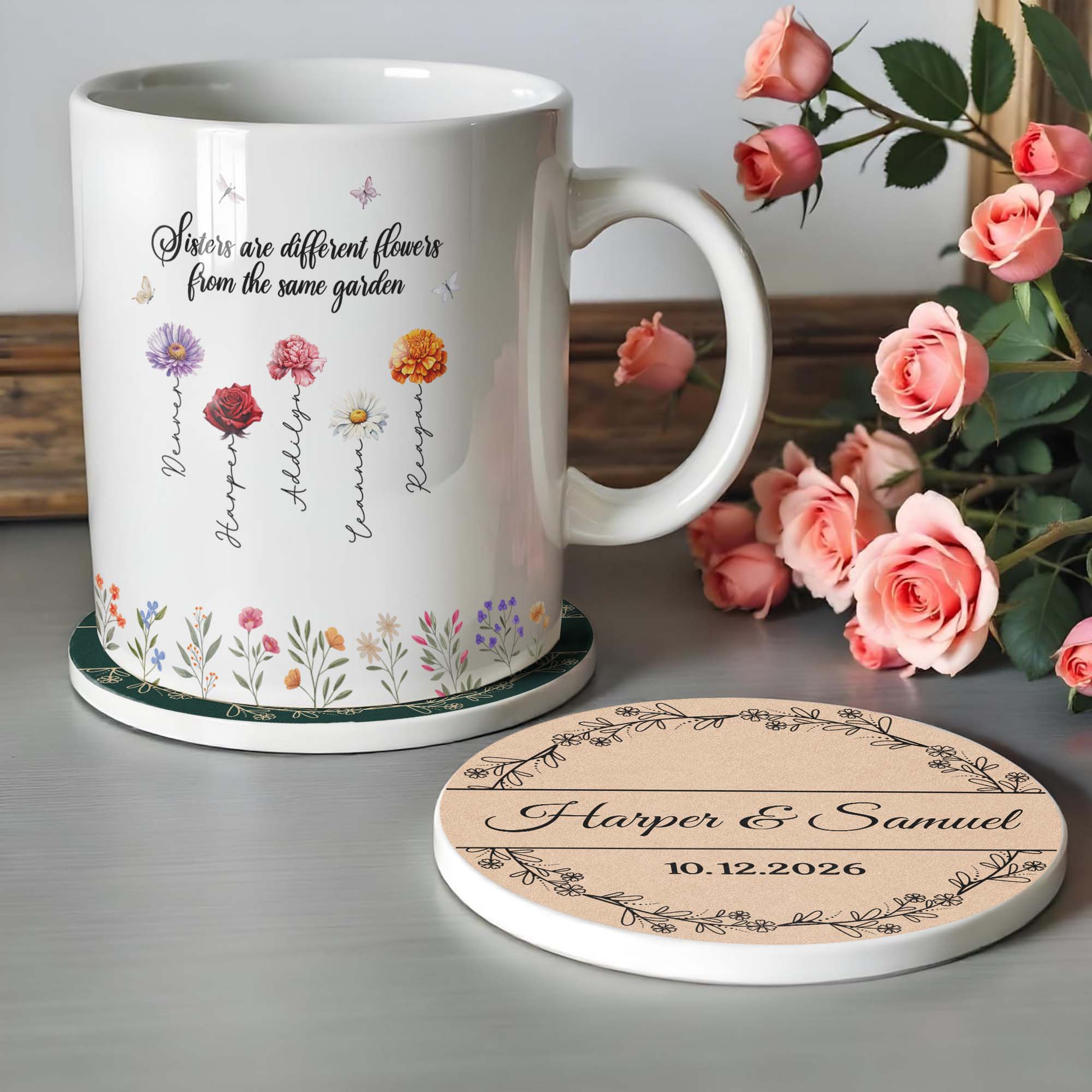 Personalized Floral Wreath Ceramic Coaster Custom Name & Date Gift Ceramic Coaster GradoCreations