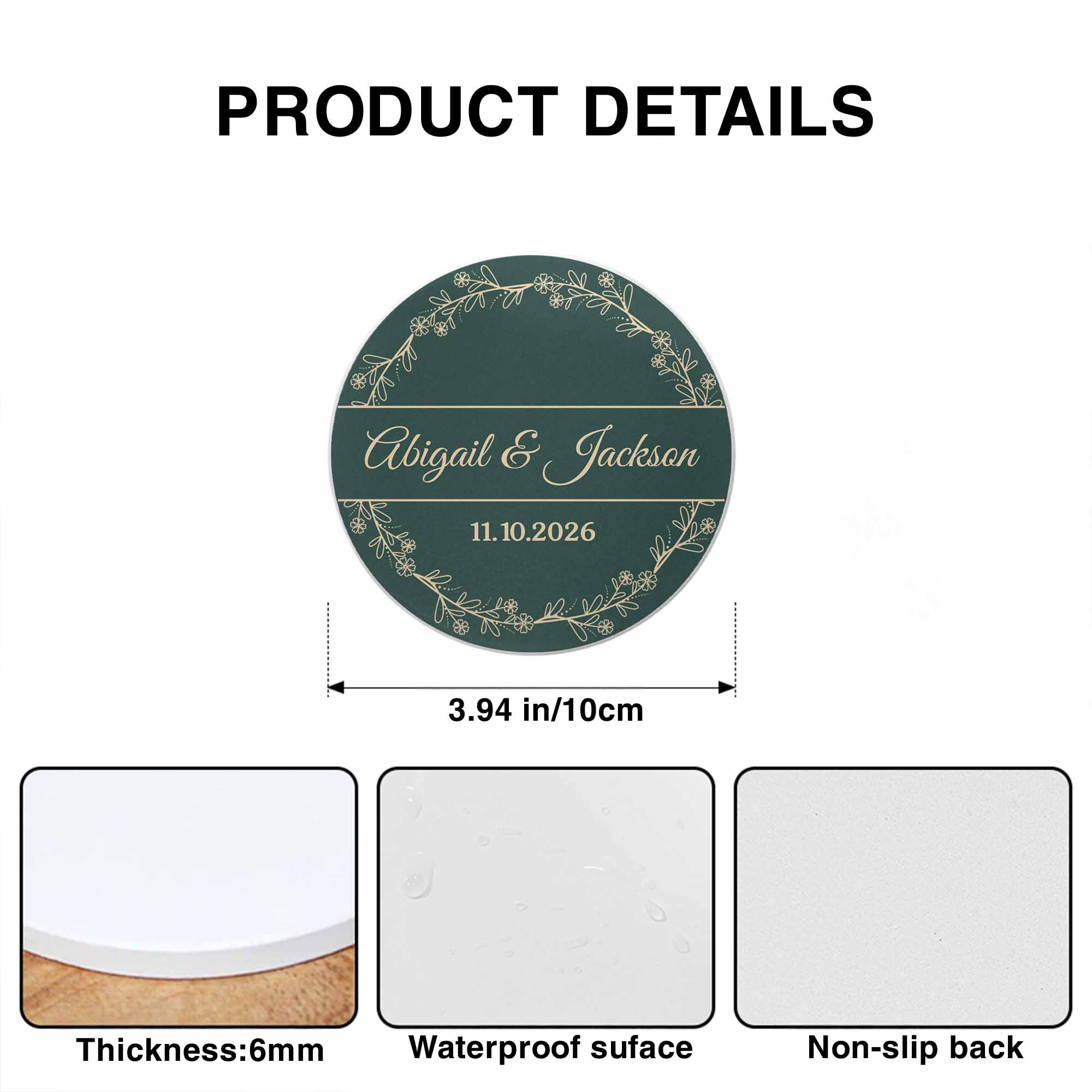 Personalized Floral Wreath Ceramic Coaster Custom Name & Date Gift Ceramic Coaster GradoCreations