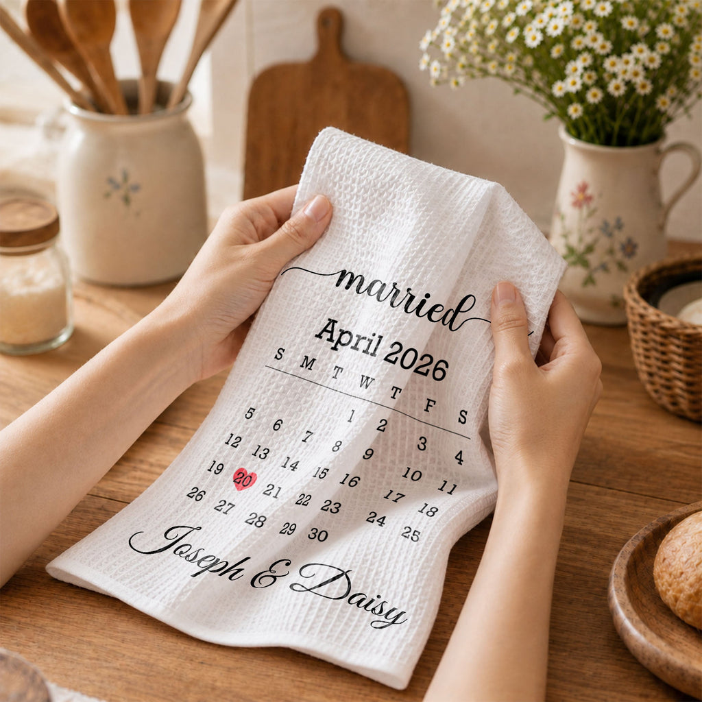 Personalized Kitchen Towel Custom Heart Date Design Gift for Couples Kitchen Towel GradoCreations