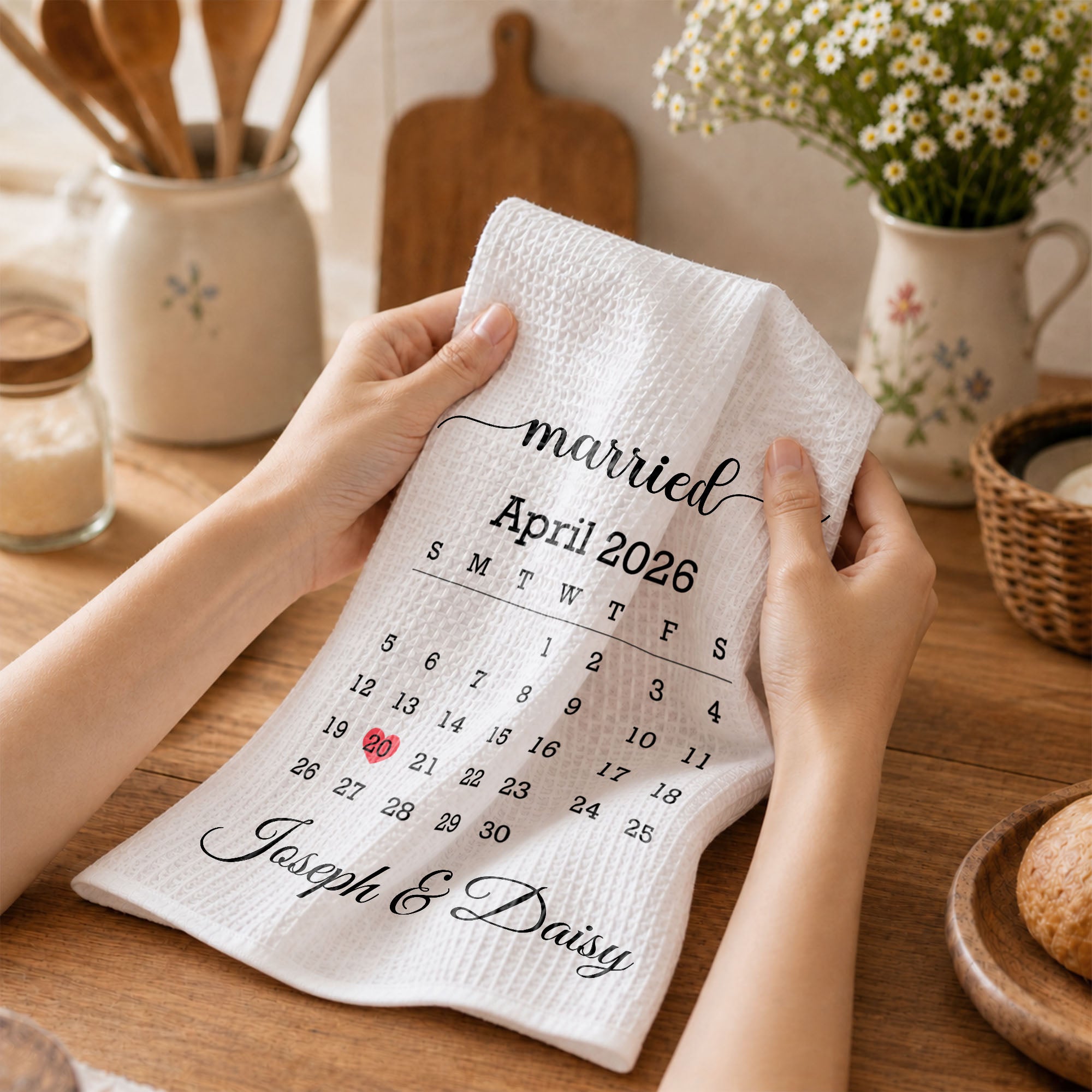 Personalized Kitchen Towel Custom Heart Date Design Gift for Couples Kitchen Towel GradoCreations