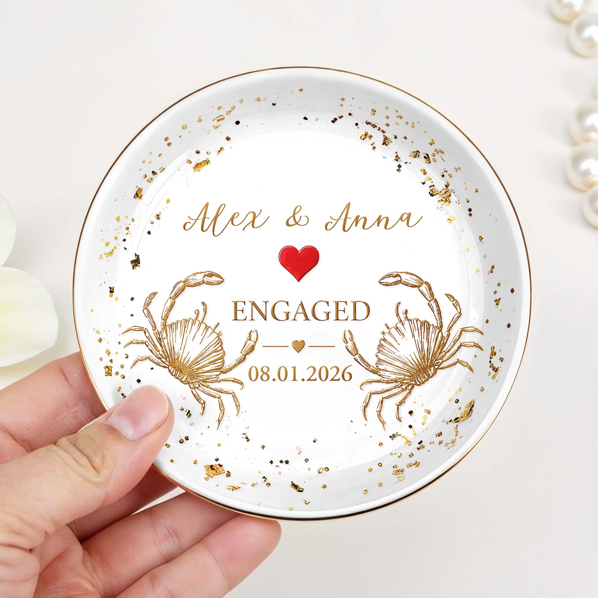 Personalized Ceramic Jewelry Dish with Heart Beach Crabs for Couples Jewelry Dish GradoCreations