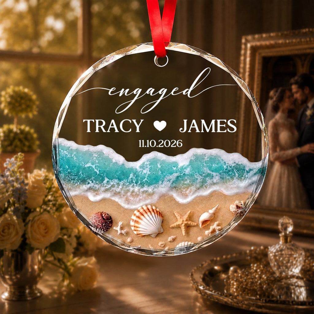 Personalized Beach-Themed Glass Circle Ornament for Couples Engagement Gift Glass Circle Ornament GradoCreations