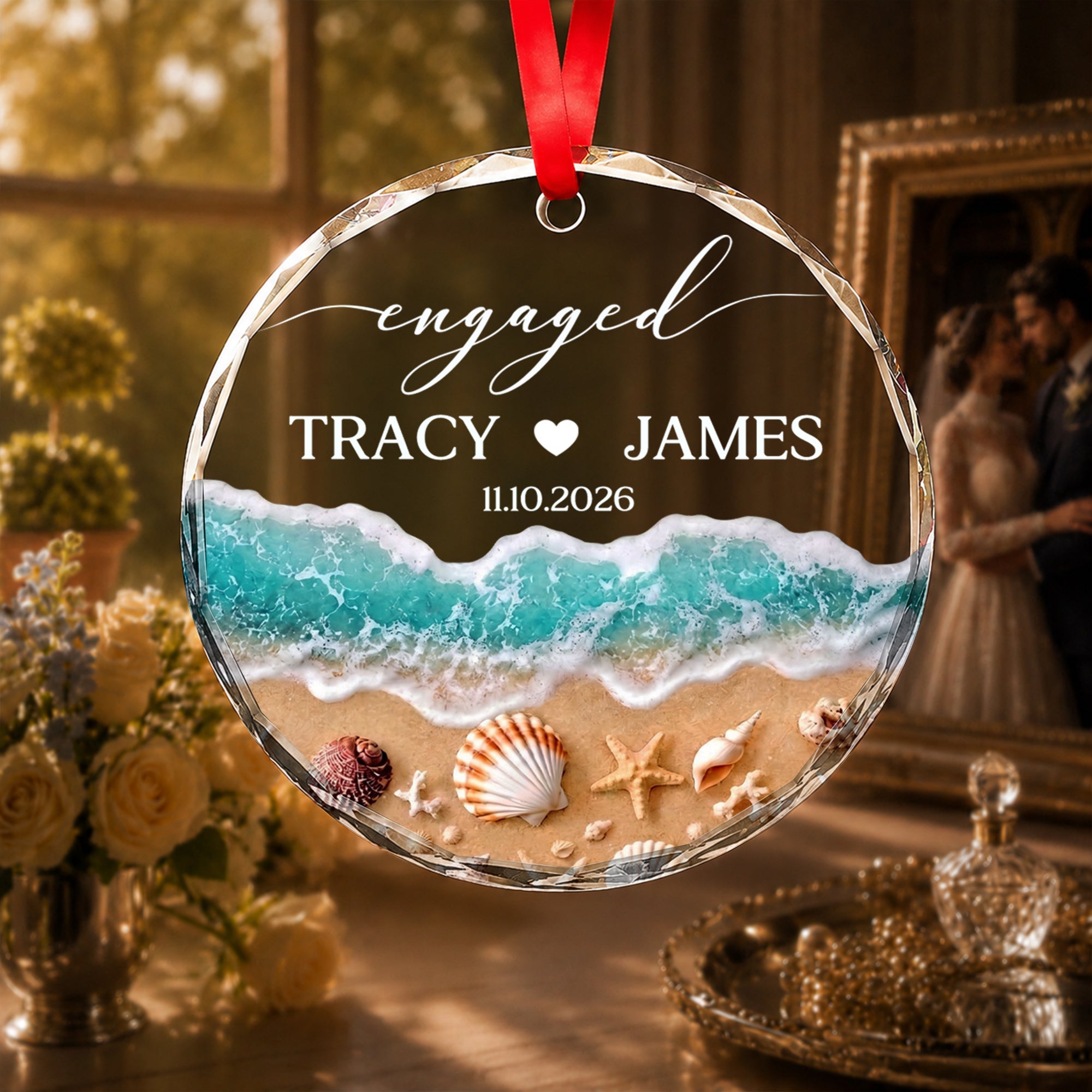 Personalized Beach-Themed Glass Circle Ornament for Couples Engagement Gift Glass Circle Ornament GradoCreations