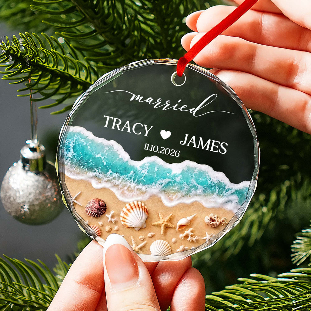 Personalized Beach-Themed Glass Circle Ornament for Couples Engagement Gift Glass Circle Ornament GradoCreations