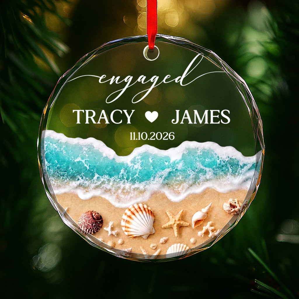 Personalized Beach-Themed Glass Circle Ornament for Couples Engagement Gift Glass Circle Ornament GradoCreations