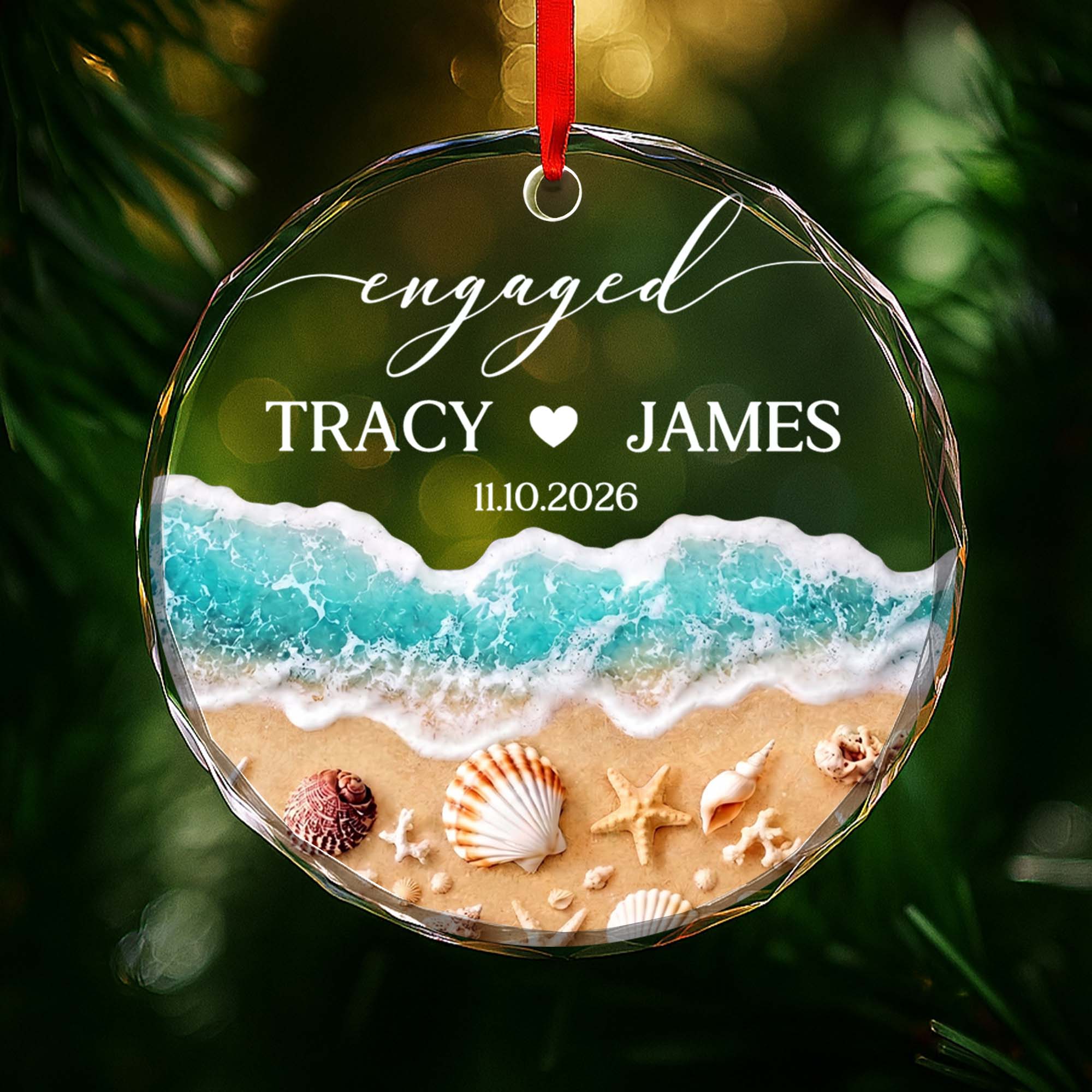 Personalized Beach-Themed Glass Circle Ornament for Couples Engagement Gift Glass Circle Ornament GradoCreations