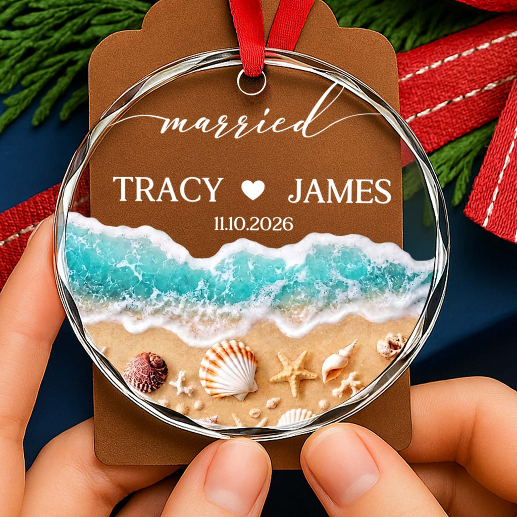 Personalized Beach-Themed Glass Circle Ornament for Couples Engagement Gift Glass Circle Ornament GradoCreations