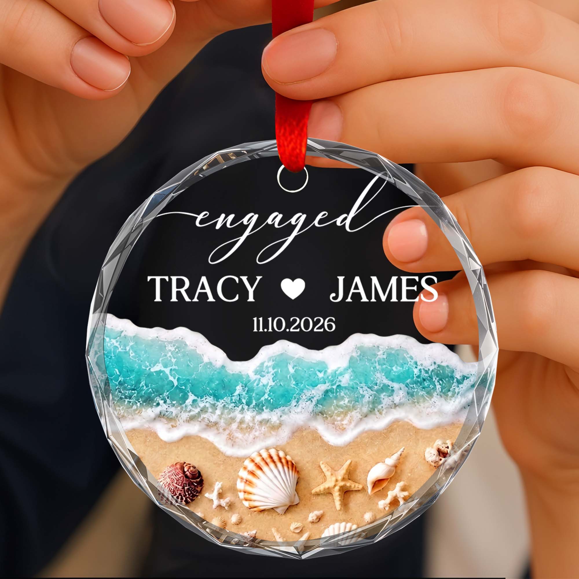 Personalized Beach-Themed Glass Circle Ornament for Couples Engagement Gift Glass Circle Ornament GradoCreations