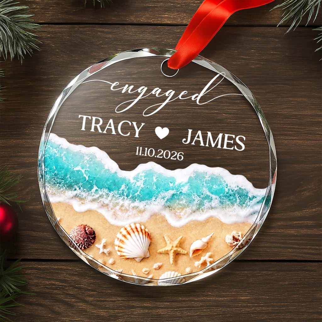 Personalized Beach-Themed Glass Circle Ornament for Couples Engagement Gift Glass Circle Ornament GradoCreations