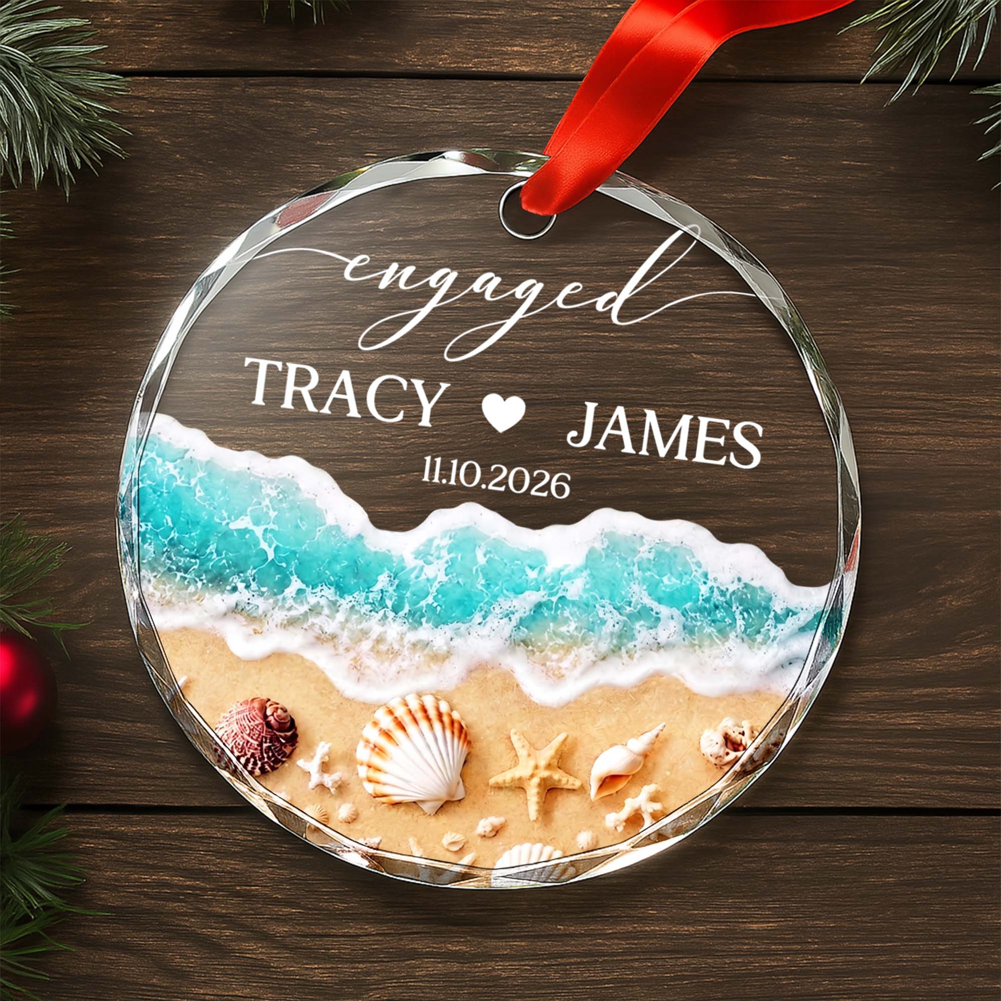 Personalized Beach-Themed Glass Circle Ornament for Couples Engagement Gift Glass Circle Ornament GradoCreations