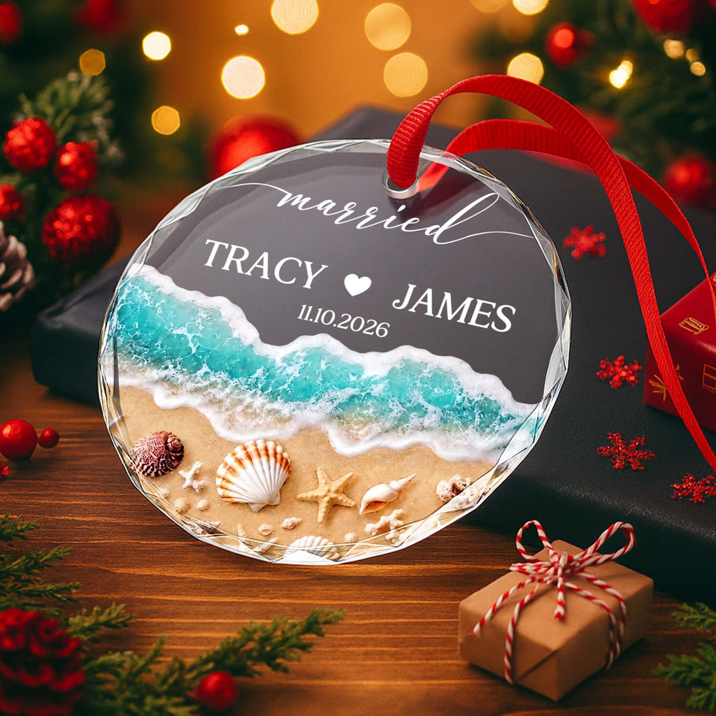 Personalized Beach-Themed Glass Circle Ornament for Couples Engagement Gift Glass Circle Ornament GradoCreations