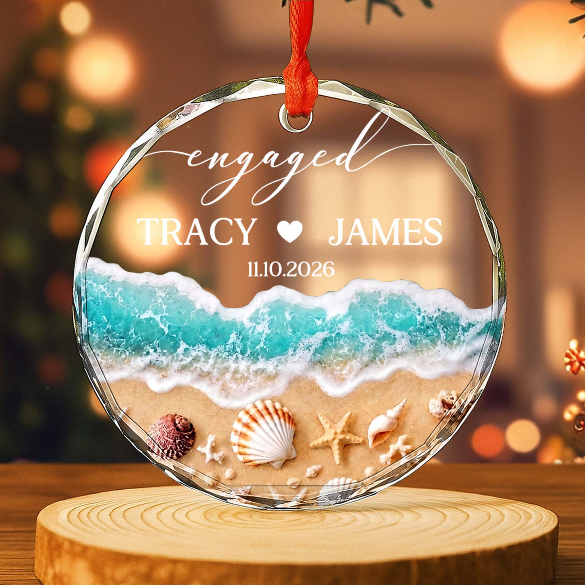 Personalized Beach-Themed Glass Circle Ornament for Couples Engagement Gift Glass Circle Ornament GradoCreations
