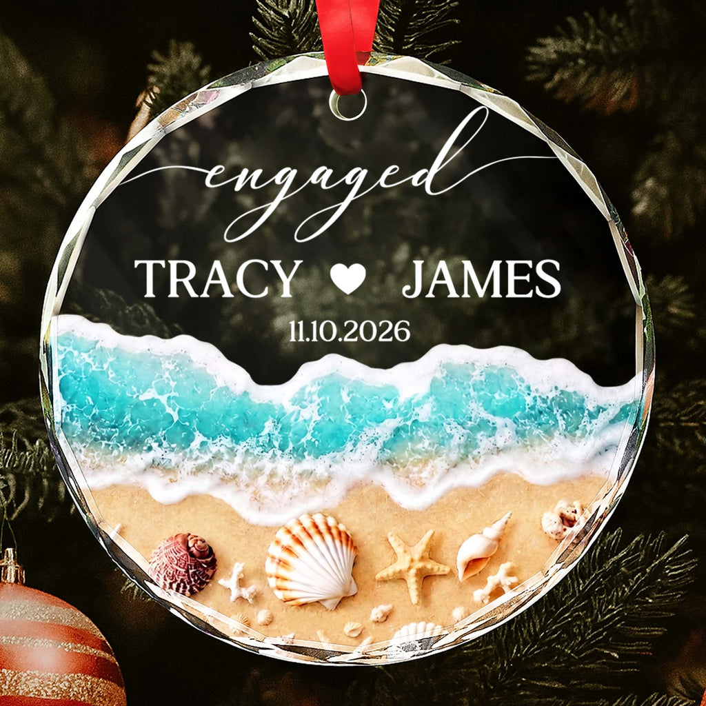 Personalized Beach-Themed Glass Circle Ornament for Couples Engagement Gift Glass Circle Ornament GradoCreations