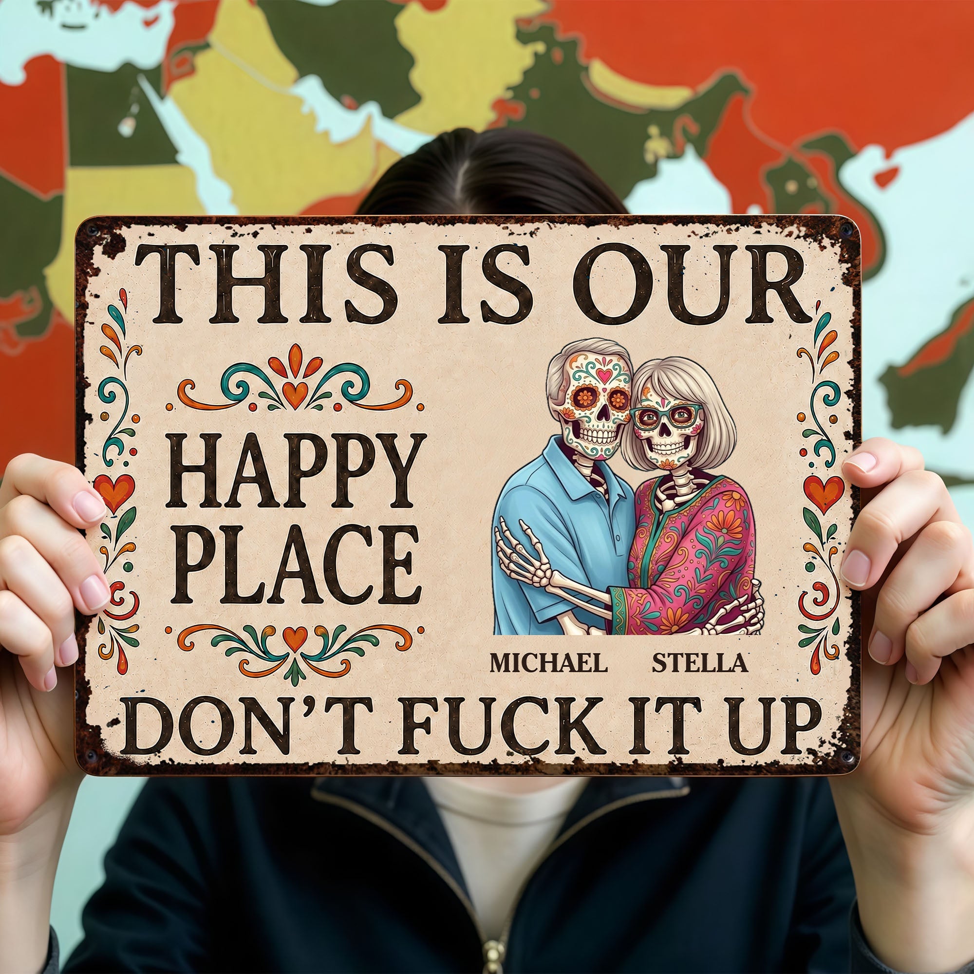Personalized Sugar Skull Metal Sign Custom Couple Gift Metal Sign GradoCreations