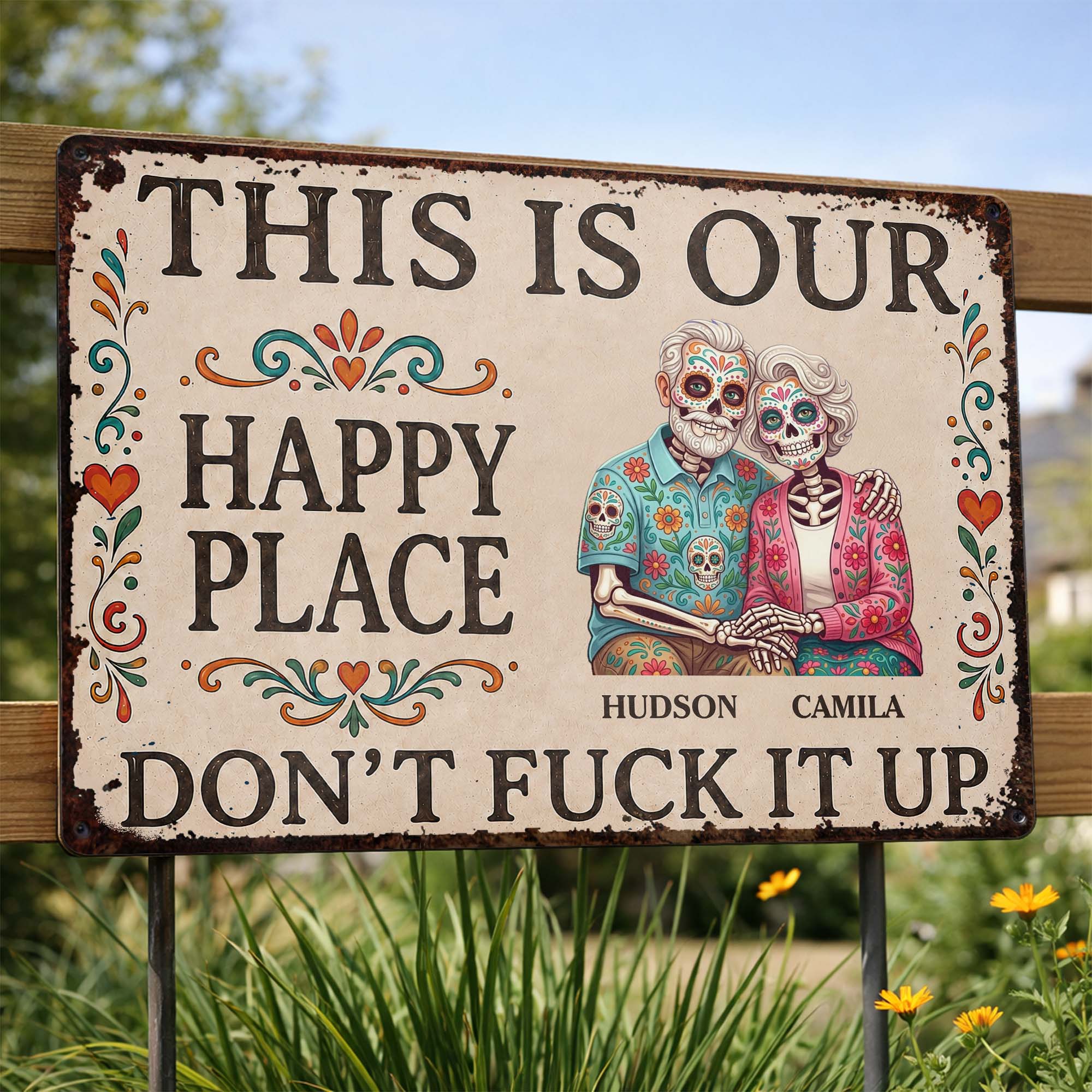 Personalized Sugar Skull Metal Sign Custom Couple Gift Metal Sign GradoCreations
