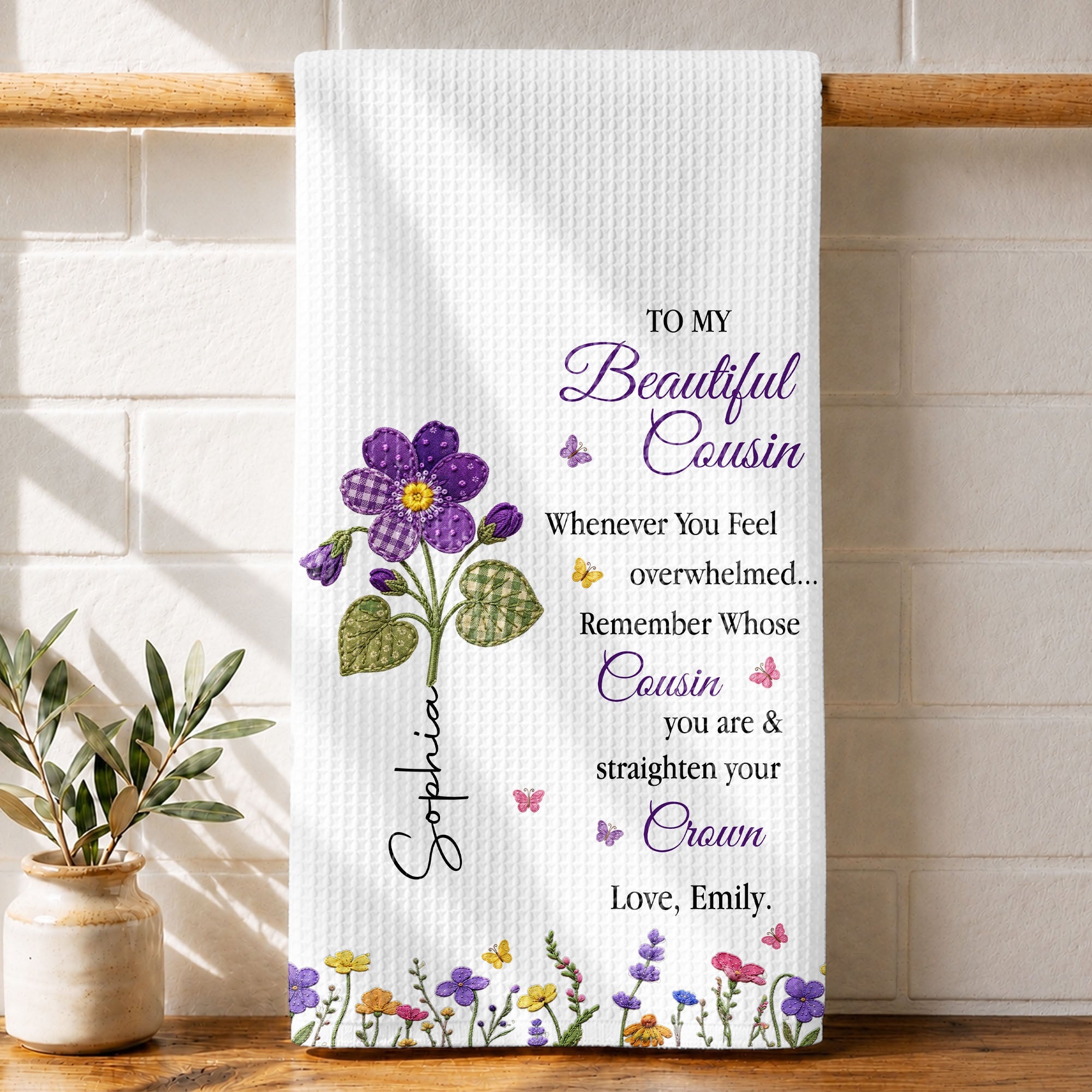 Personalized Kitchen Towel Gift for Cousin with Floral Design Kitchen Towel GradoCreations