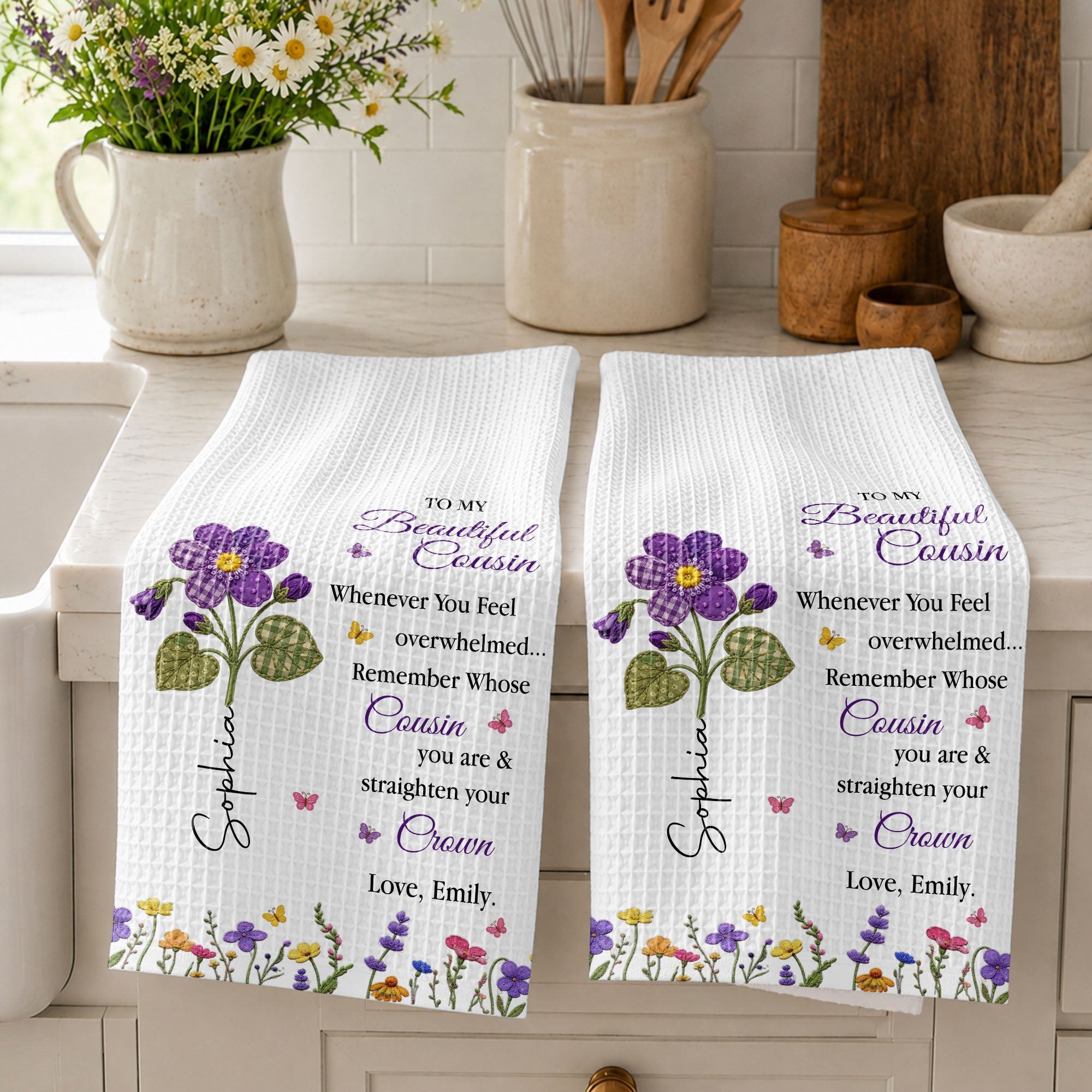 Personalized Kitchen Towel Gift for Cousin with Floral Design Kitchen Towel GradoCreations
