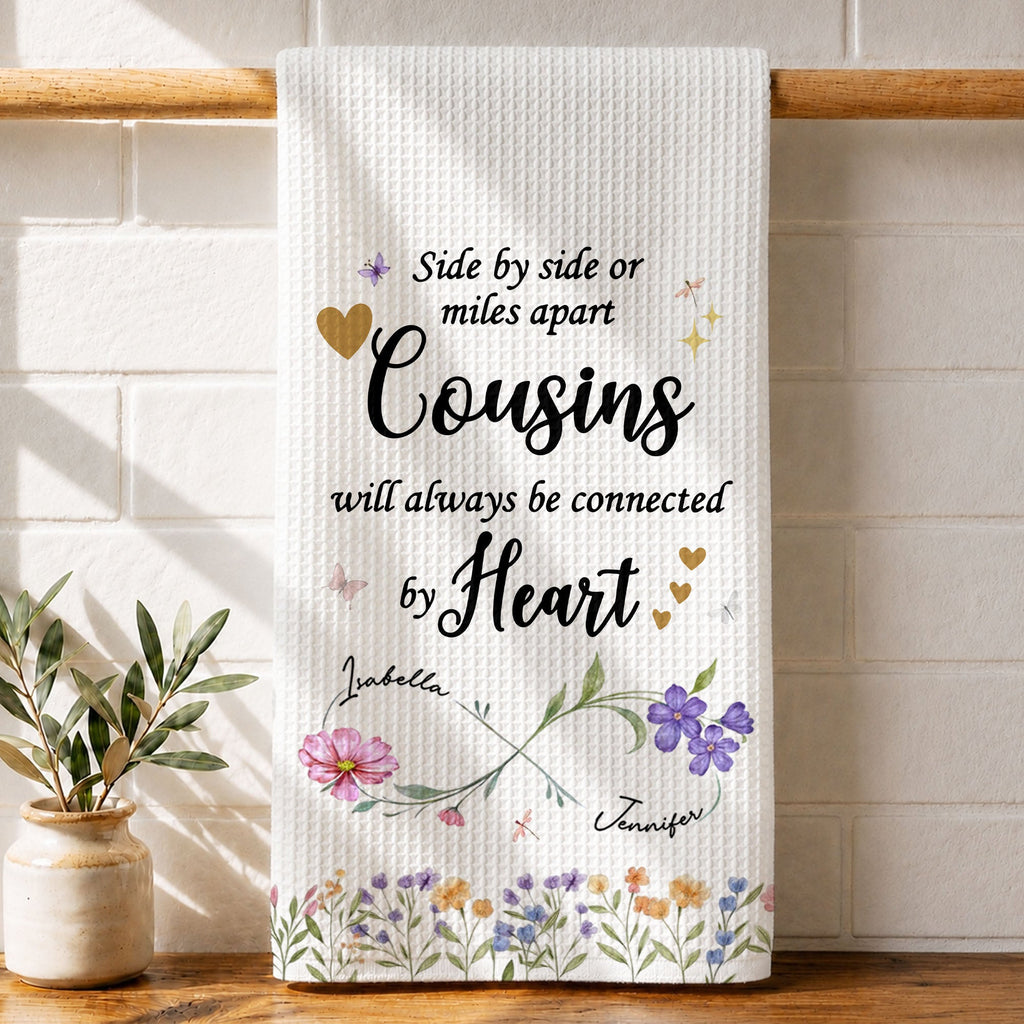 Personalized Kitchen Towel with Birth Month Flowers for Cousins