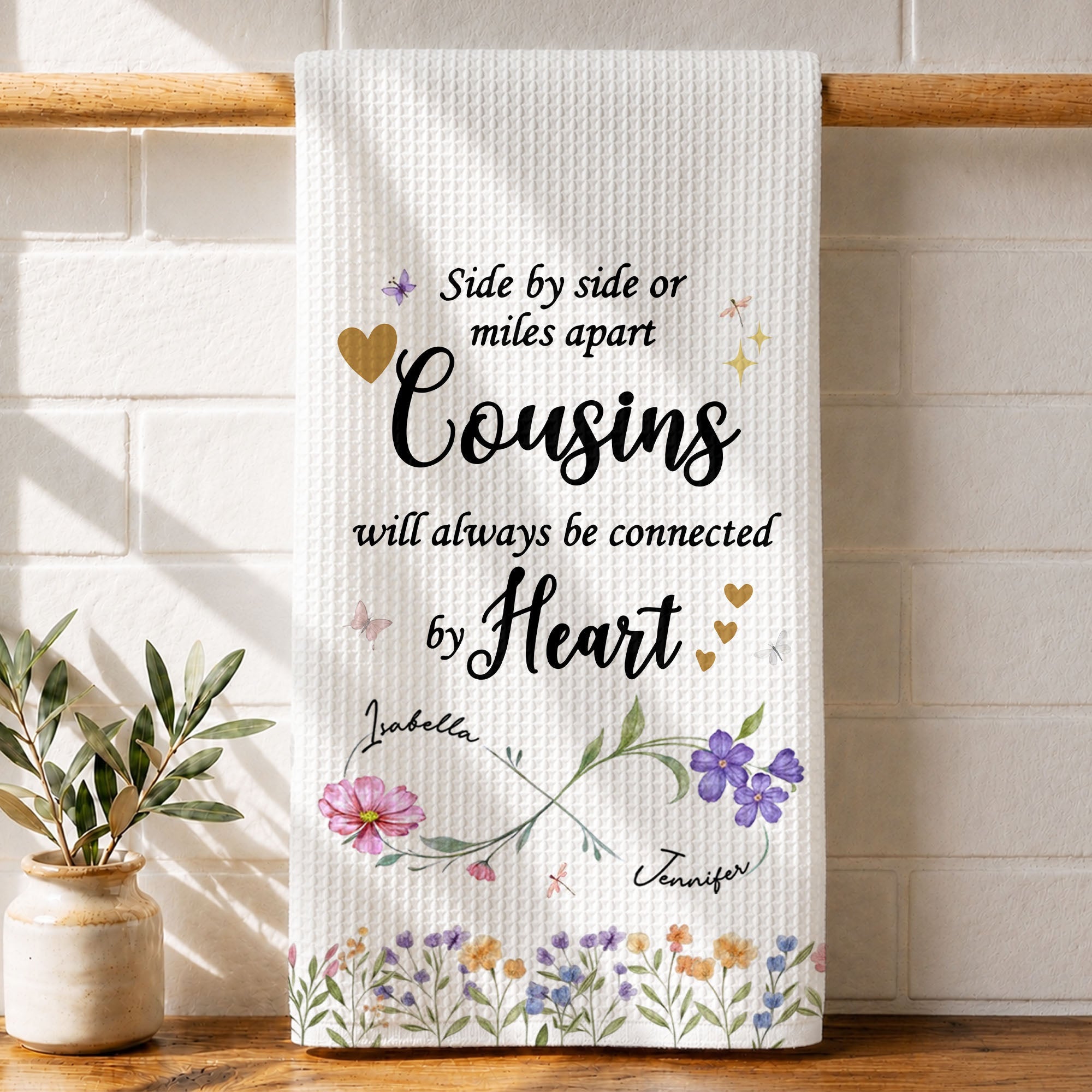 Personalized Kitchen Towel with Birth Month Flowers for Cousins