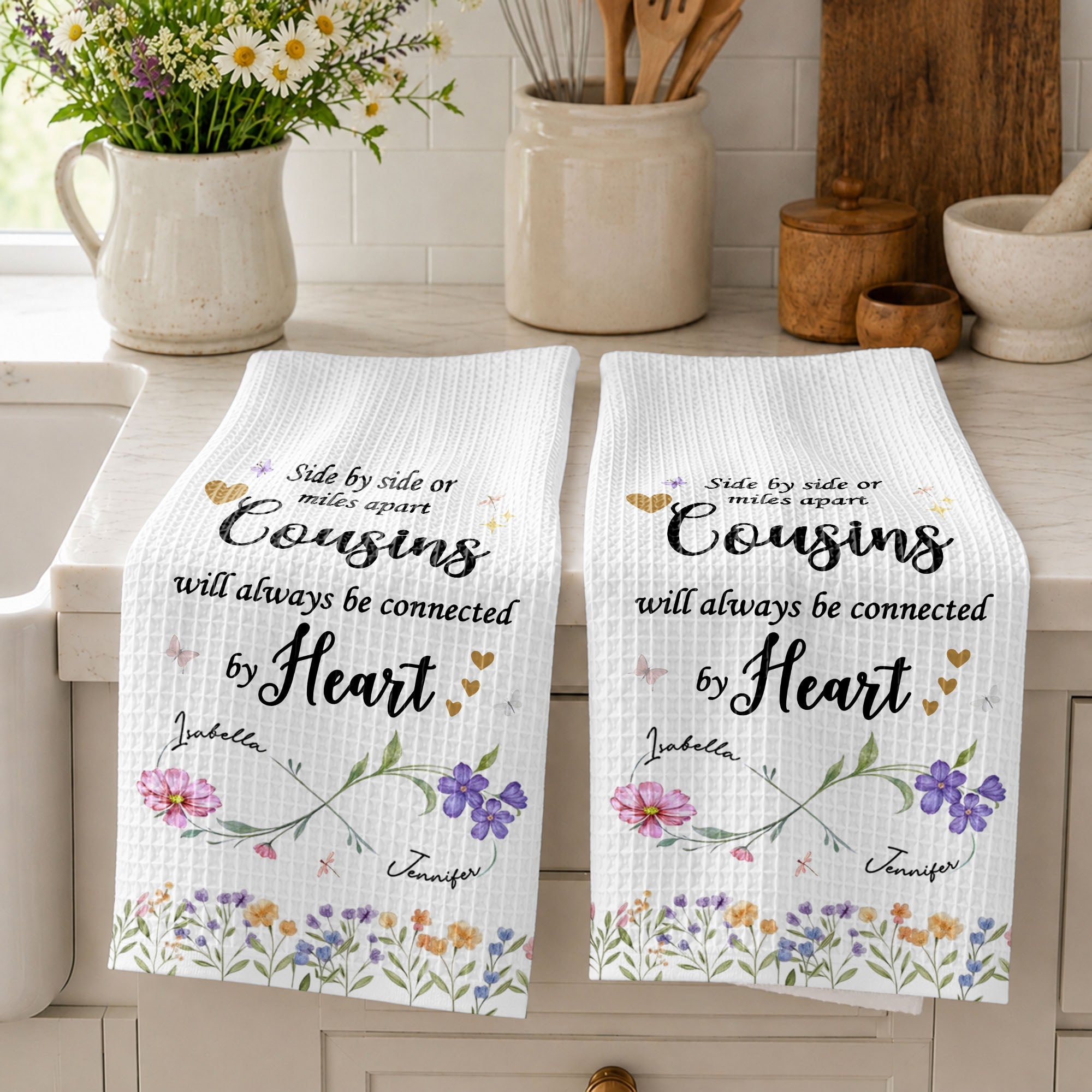 Personalized Kitchen Towel with Birth Month Flowers for Cousins