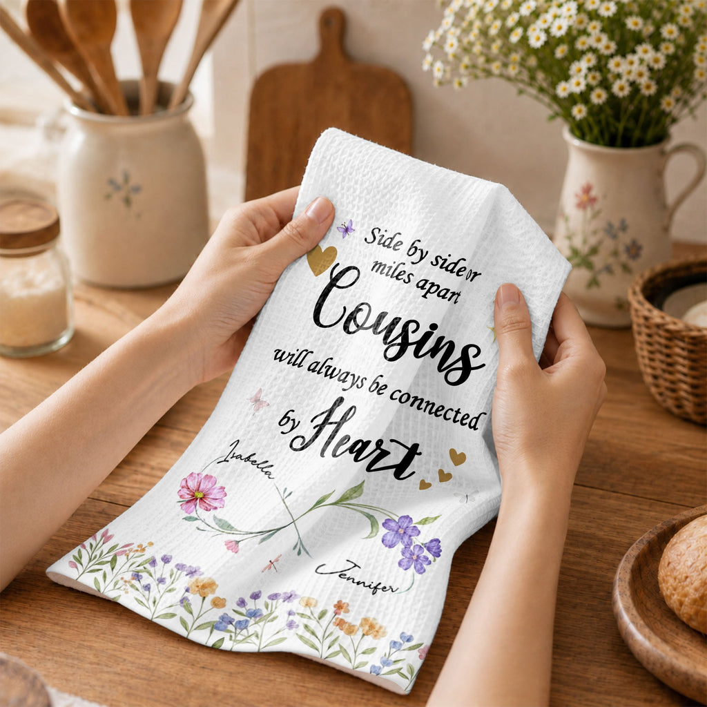 Personalized Kitchen Towel with Birth Month Flowers for Cousins