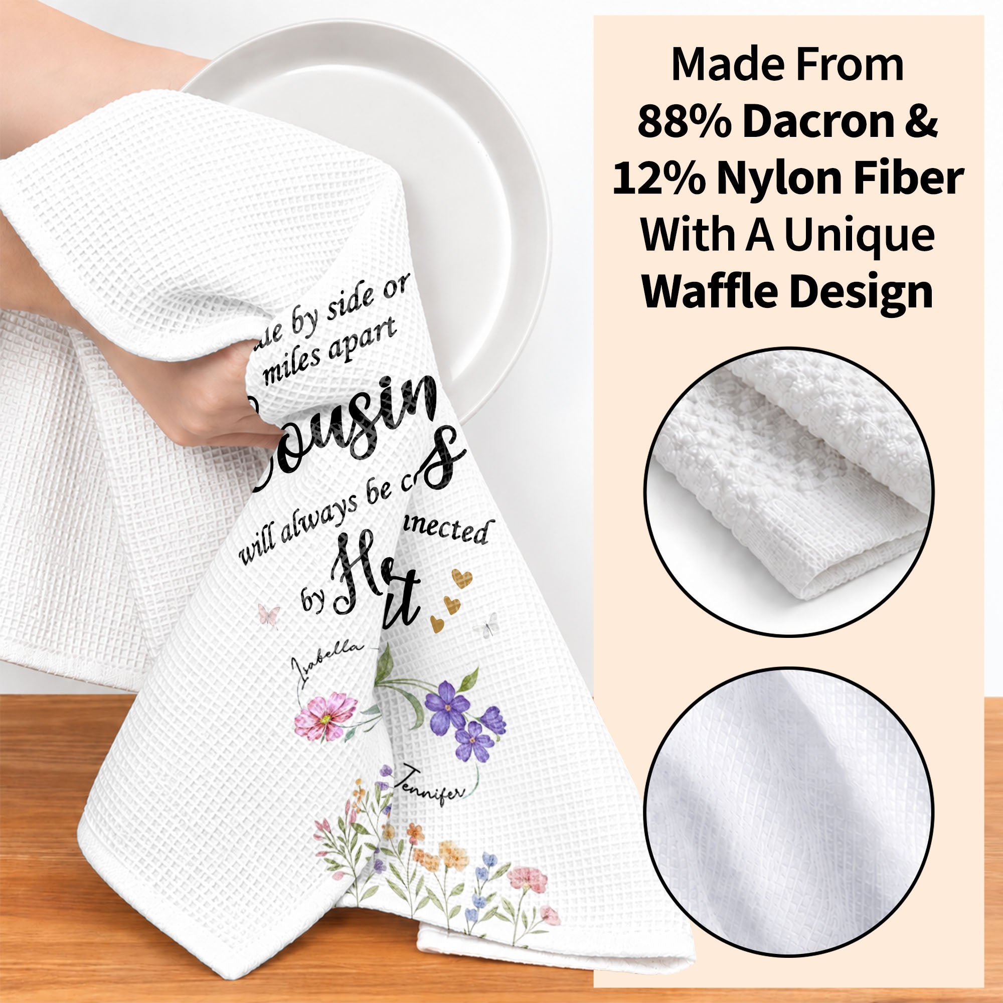 Personalized Kitchen Towel with Birth Month Flowers for Cousins