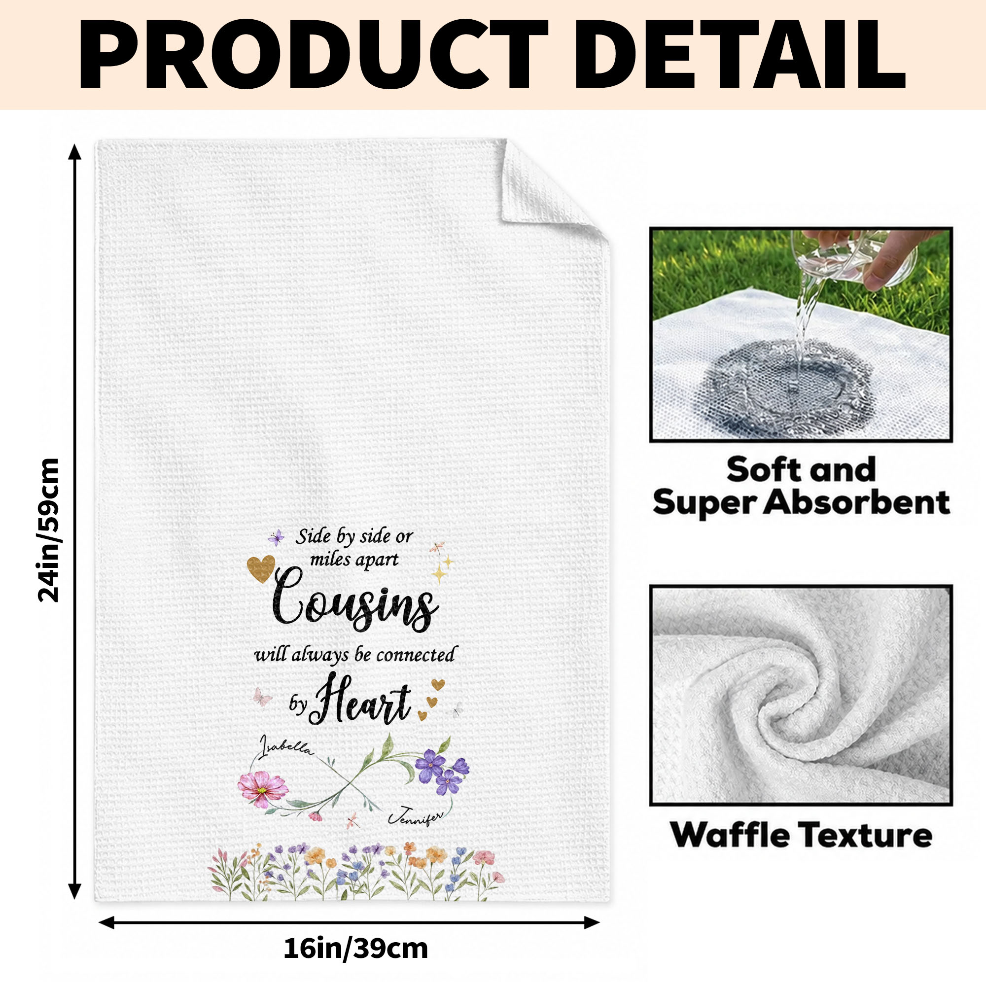 Personalized Kitchen Towel with Birth Month Flowers for Cousins