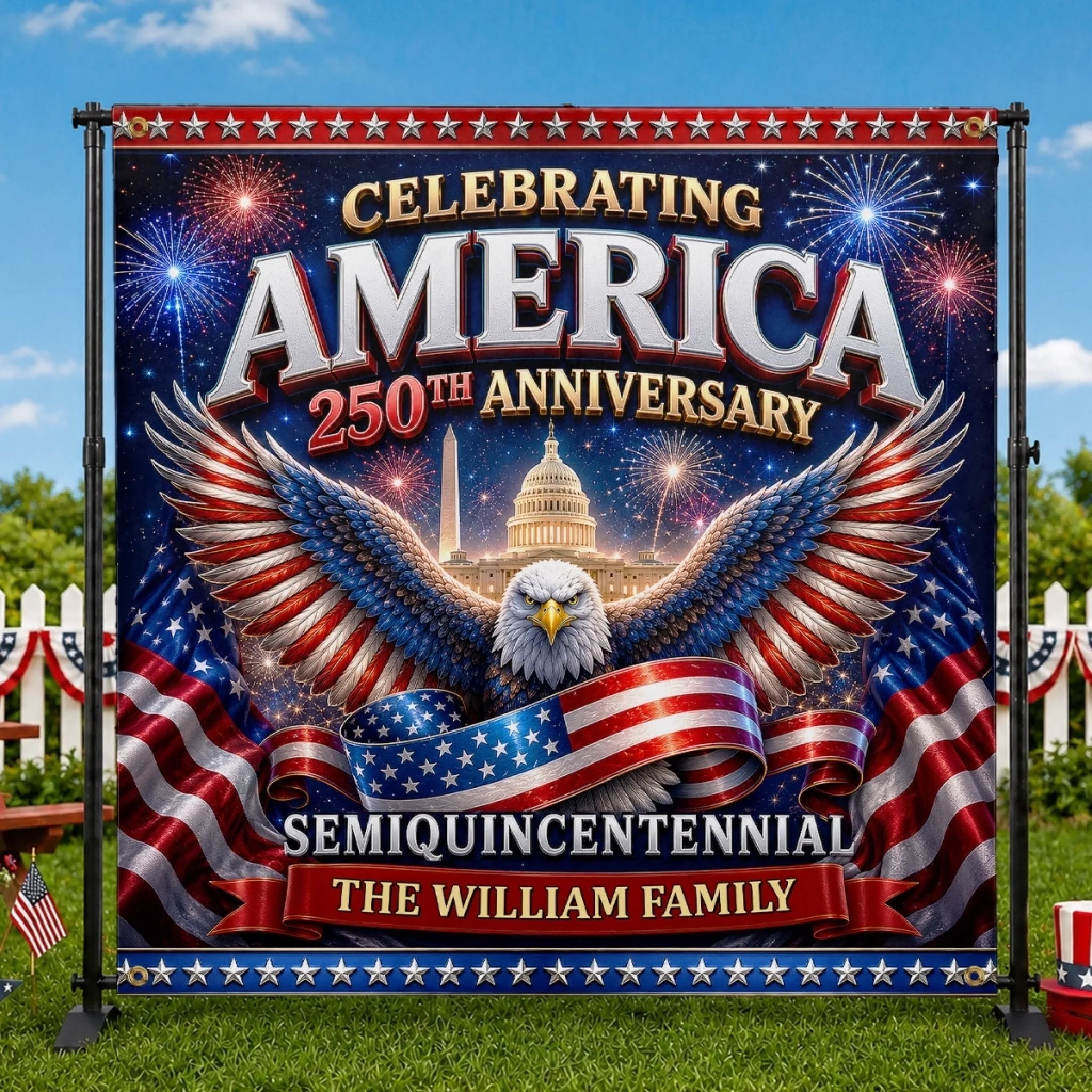 Personalized Patriotic Eagle Backdrop Banner for 250th Anniversary Celebration