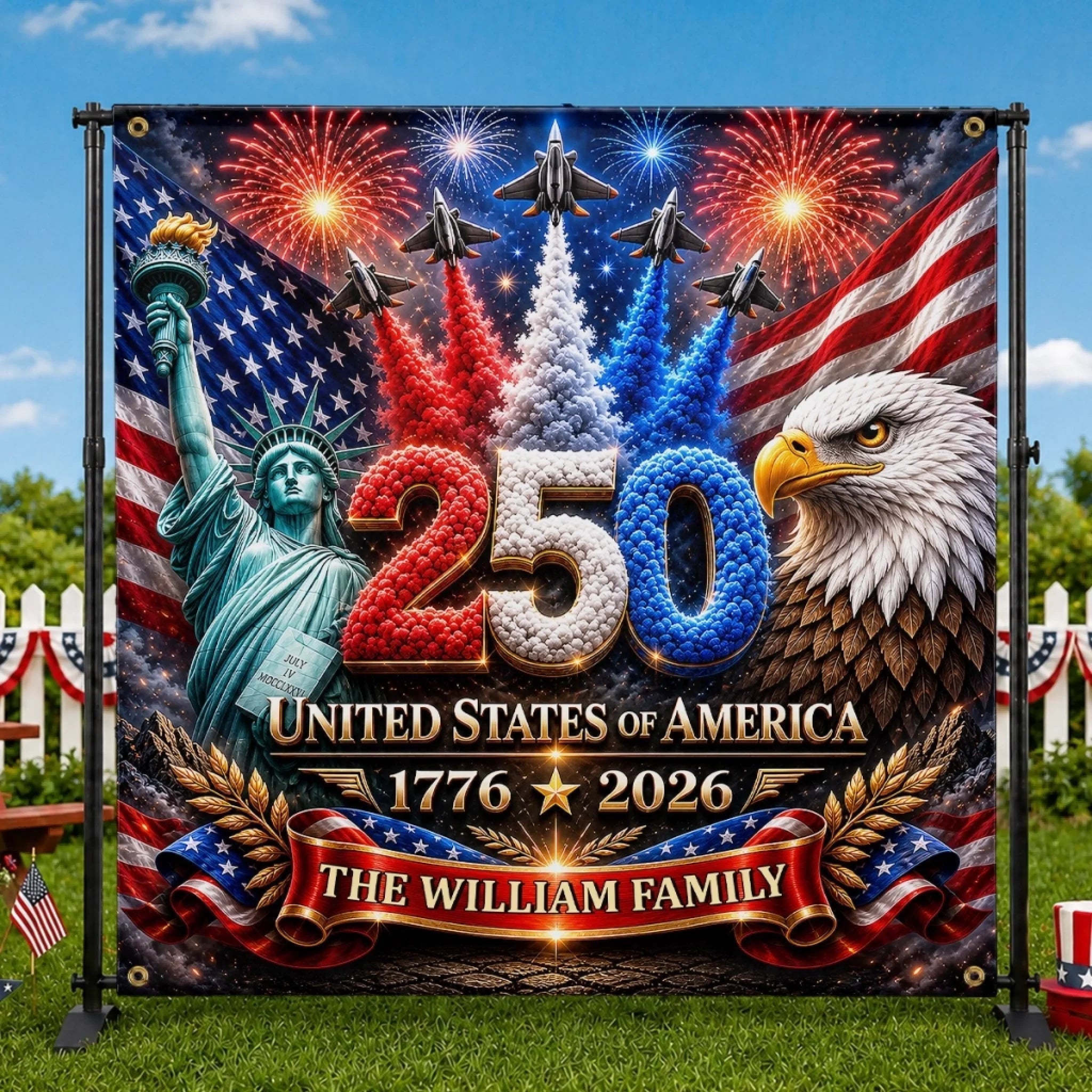 Personalized 250th Anniversary Party Banner with Eagle & Liberty for Patriotic Family